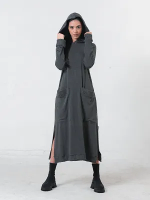 Knitted Long Sleeve Hooded Dress In Dark Gray