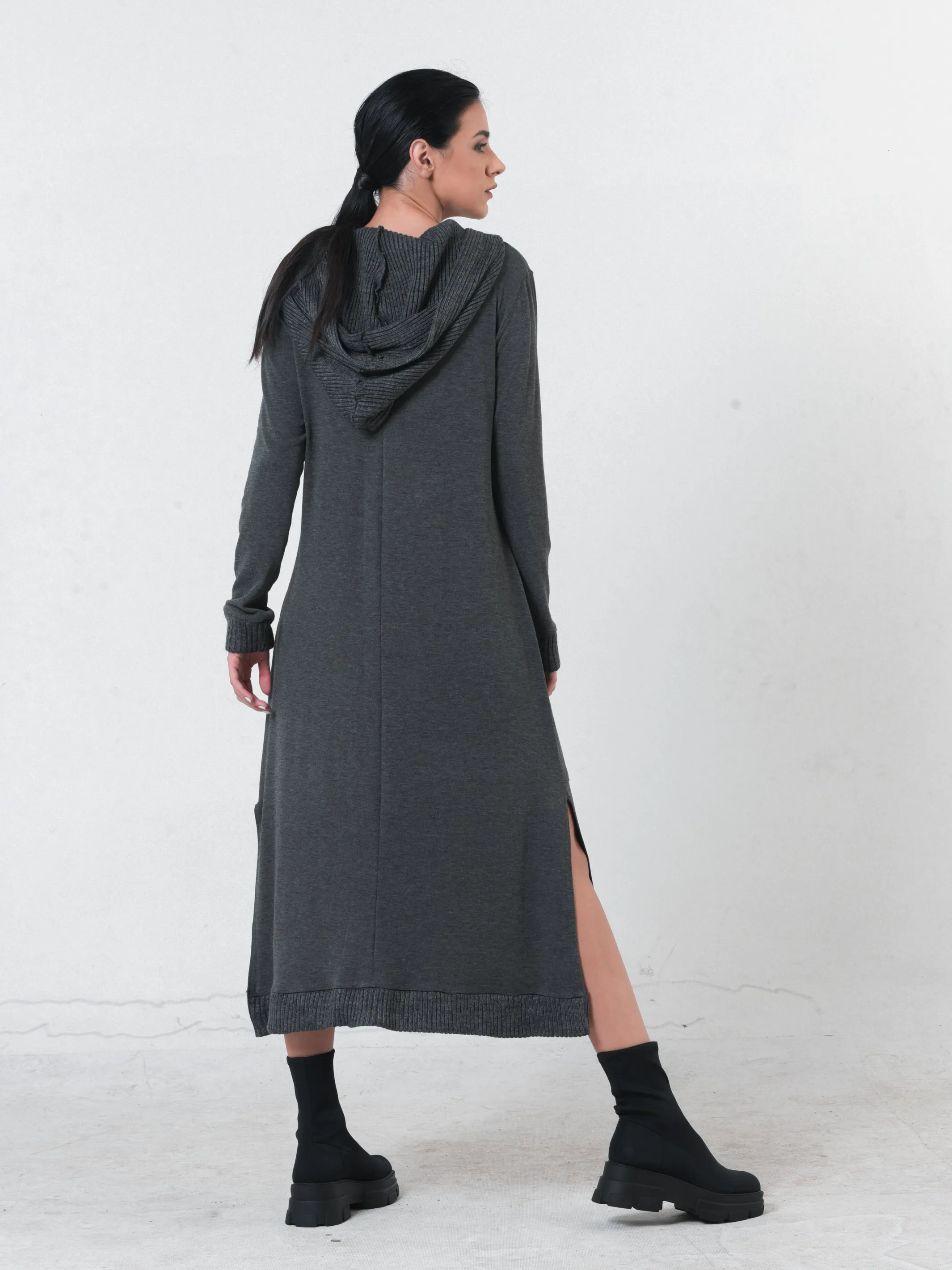 Knitted Long Sleeve Hooded Dress In Dark Gray