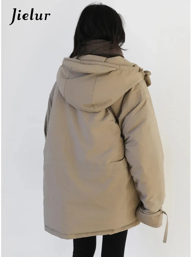 Korean Style Loose Hooded Padded Coat Autumn Winter Thick Padded Coat Drawstring Bread Coat Winter