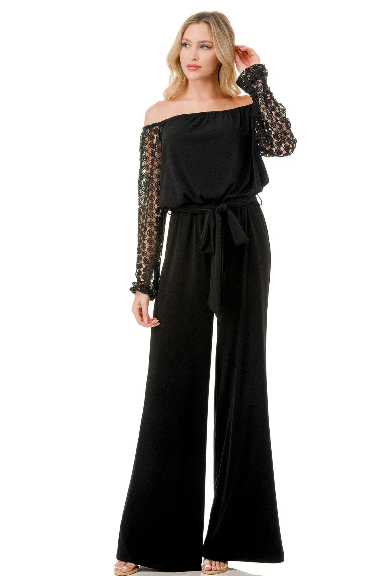 LACE LONG SLEEVE BELTED JUMPSUIT