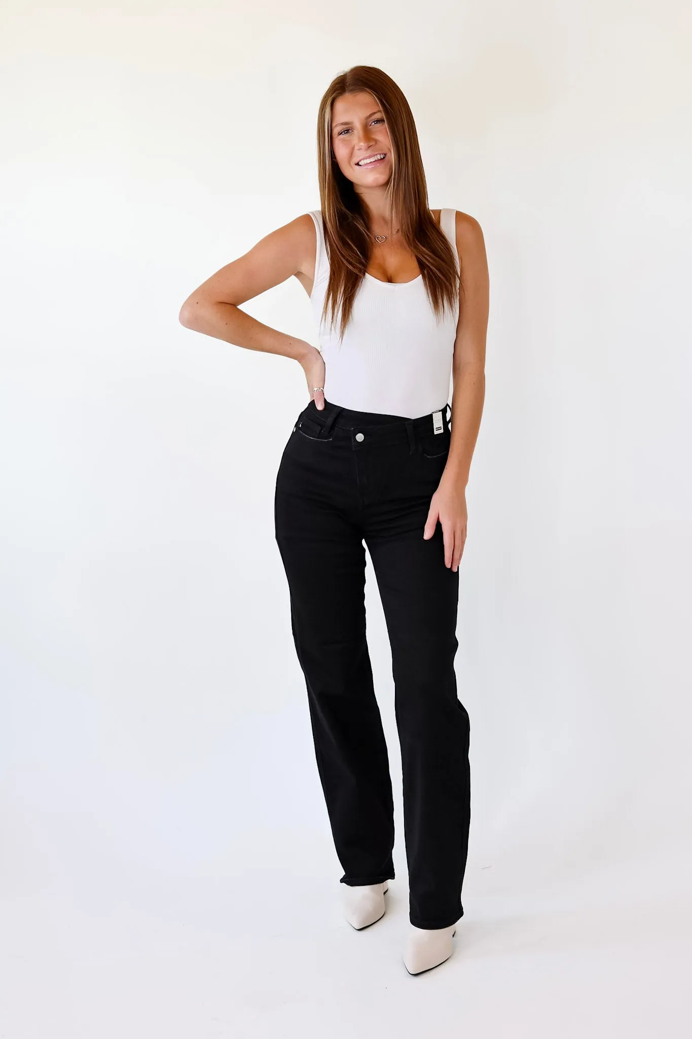 Last Chance Size 0, 1, 3, 5 & 22W | Judy Blue | Here Forward Criss-Cross Waistband Straight Leg Jeans in Black