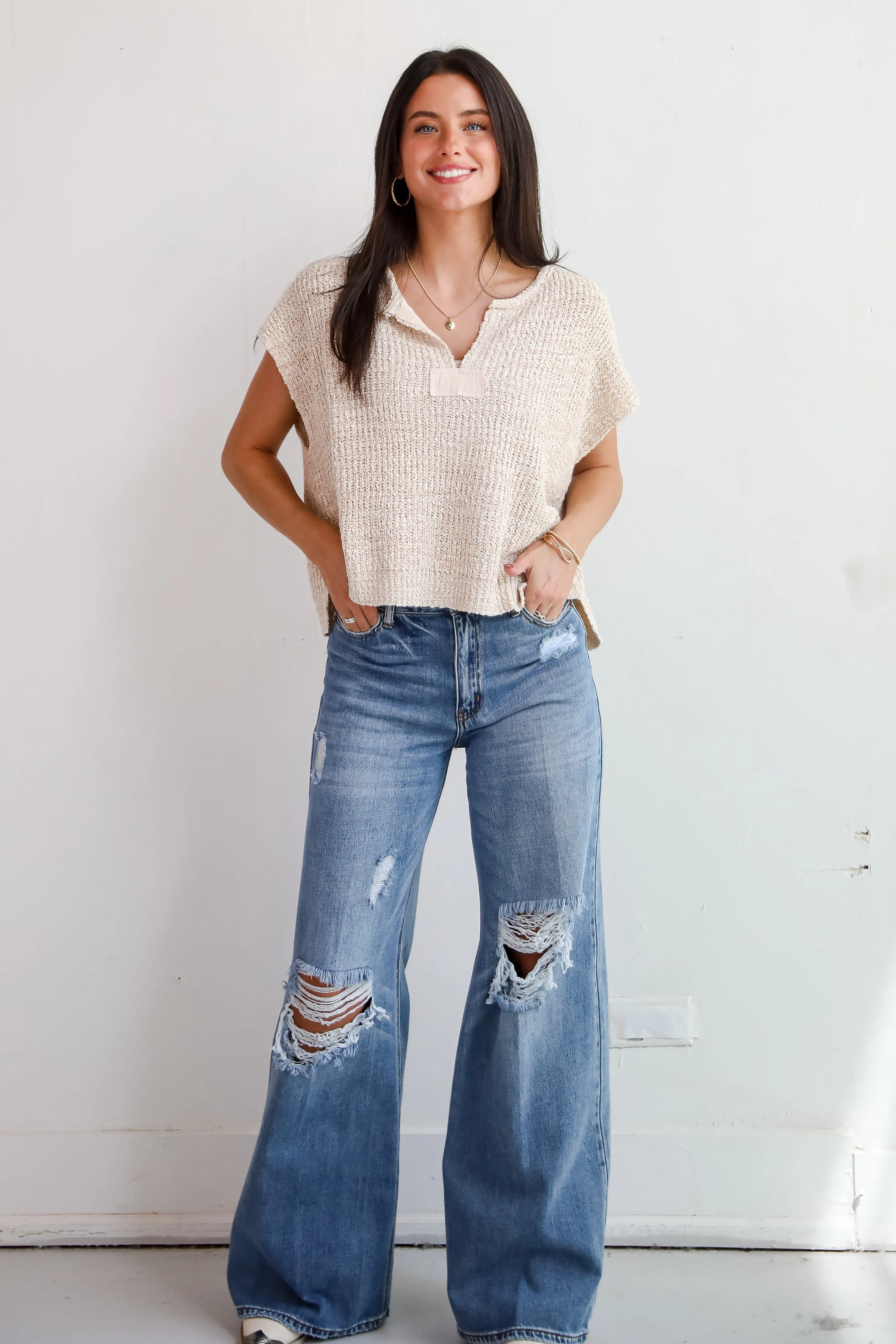 Lennon Medium Wash Distressed Wide Leg Jeans