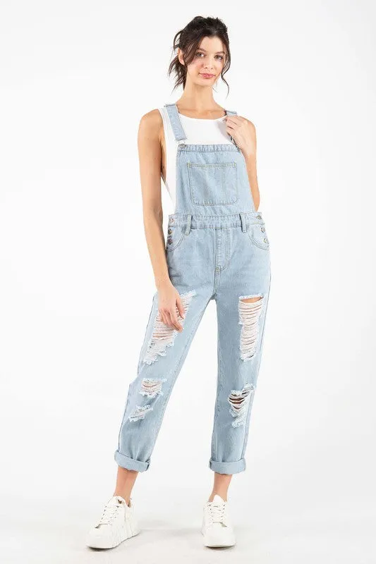 Light Blue Distressed Raw Edge Cuffed Hem Stretch Overall