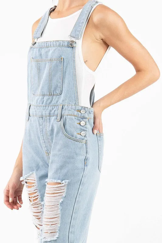 Light Blue Distressed Raw Edge Cuffed Hem Stretch Overall