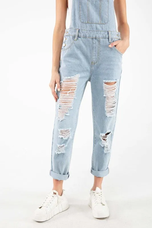 Light Blue Distressed Raw Edge Cuffed Hem Stretch Overall