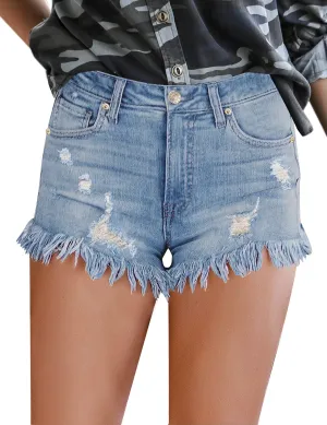 Light Blue Fringed Hem Distressed Denim Shorts