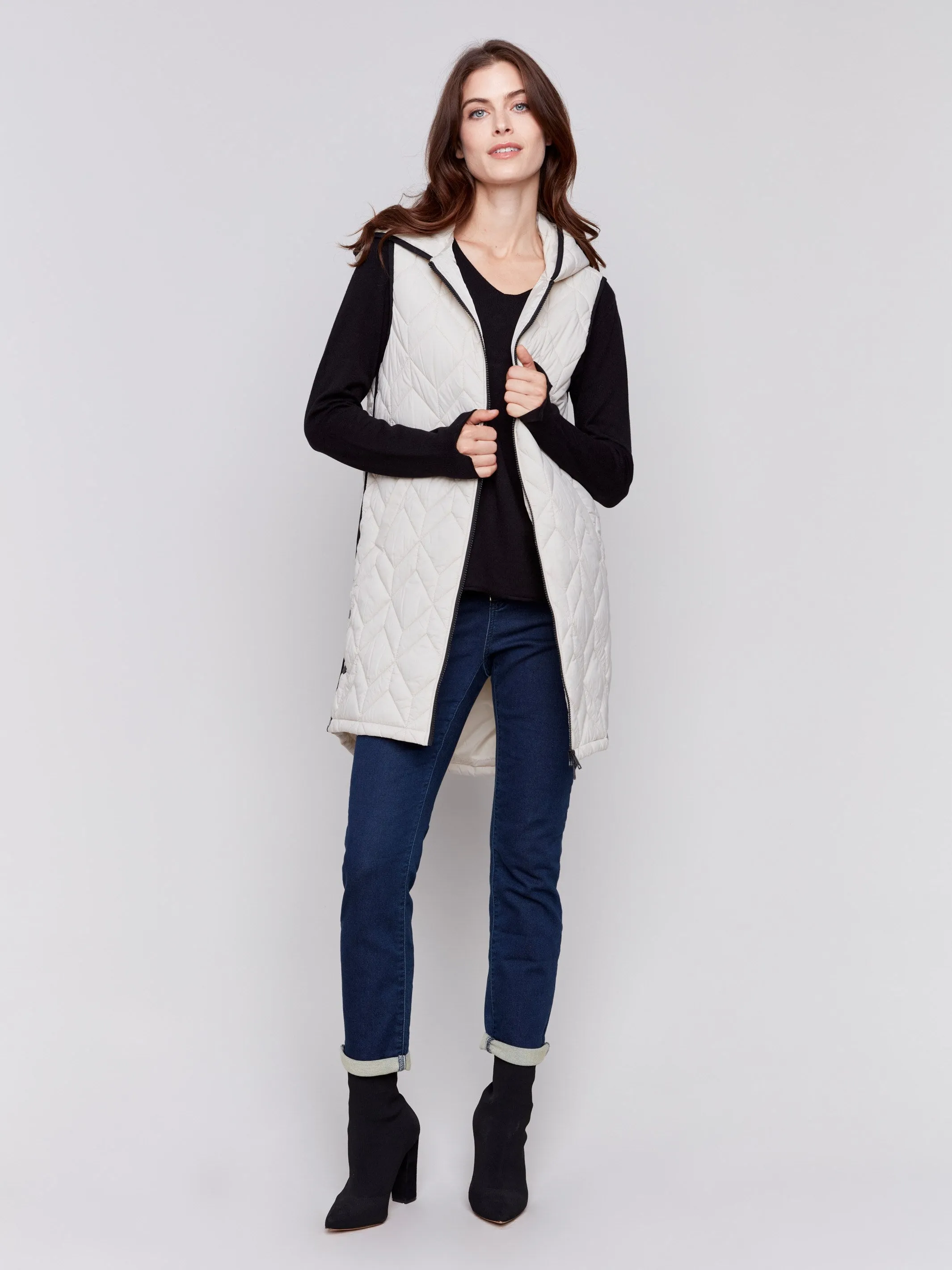 Long Quilted Puffer Vest with Hood - Almond