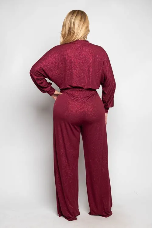 Long Sleeve Glitter Surplice Jumpsuit | Burgandy