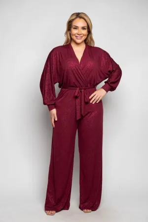 Long Sleeve Glitter Surplice Jumpsuit | Burgandy