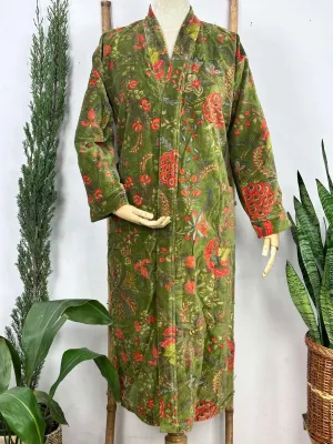 Luxury Velvet House Robe Unisex Kimono Jacket Reversible Silk Lined Autumn Winter Gift Muddy Green Botanical Bloom Floral Valentine Love