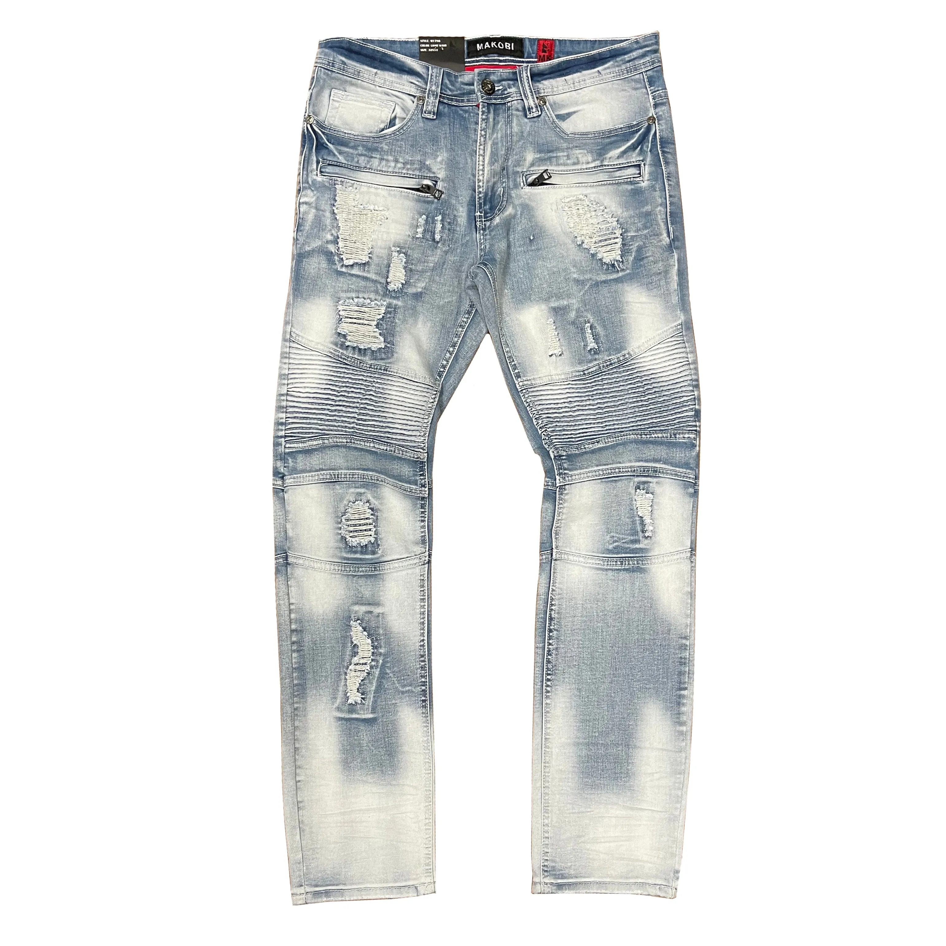 M1786 Makobi Prado Biker Jeans with Rip & Repair - Light Wash (RECUT)