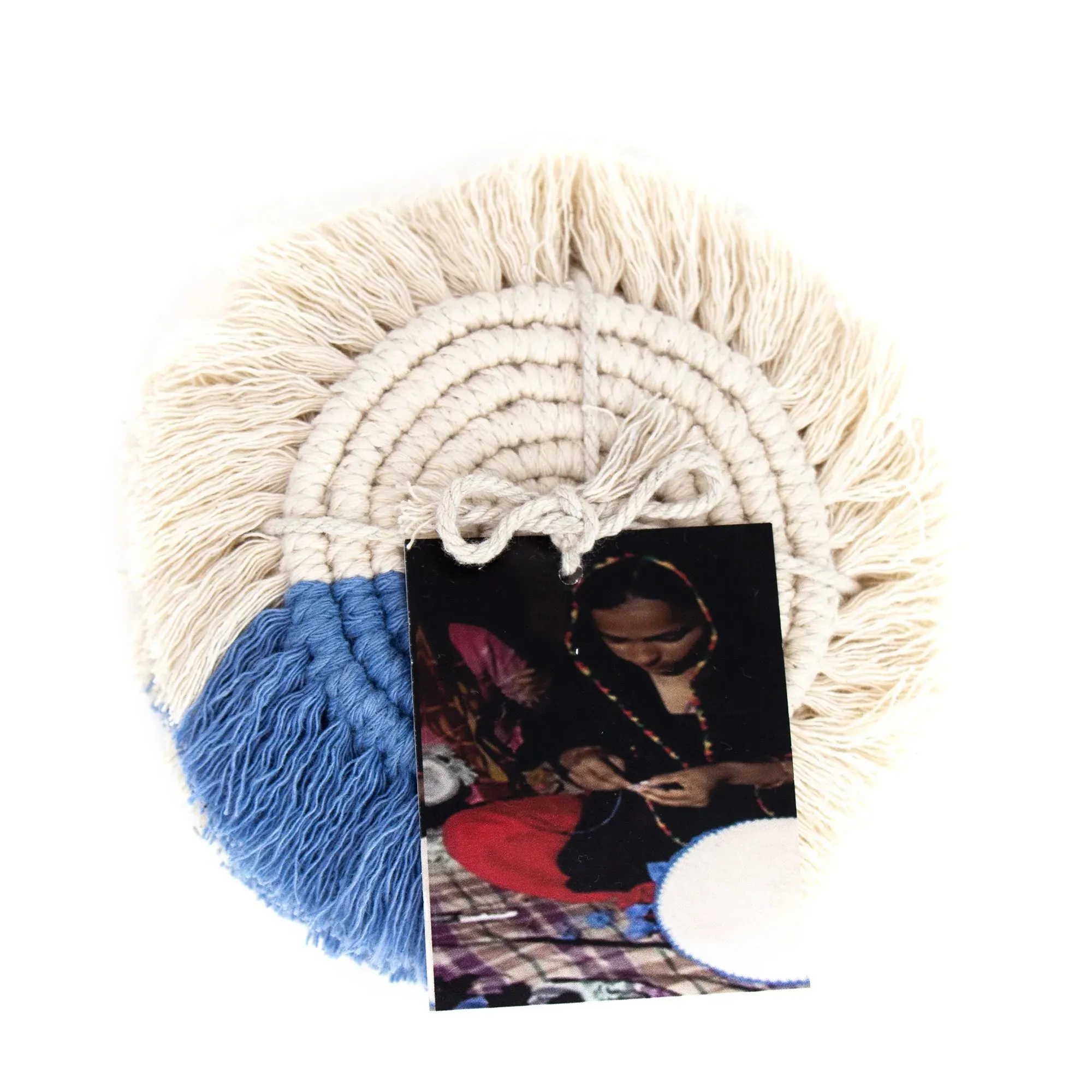 Macrame Coasters in Blues with Fringe, SET OF 4, India