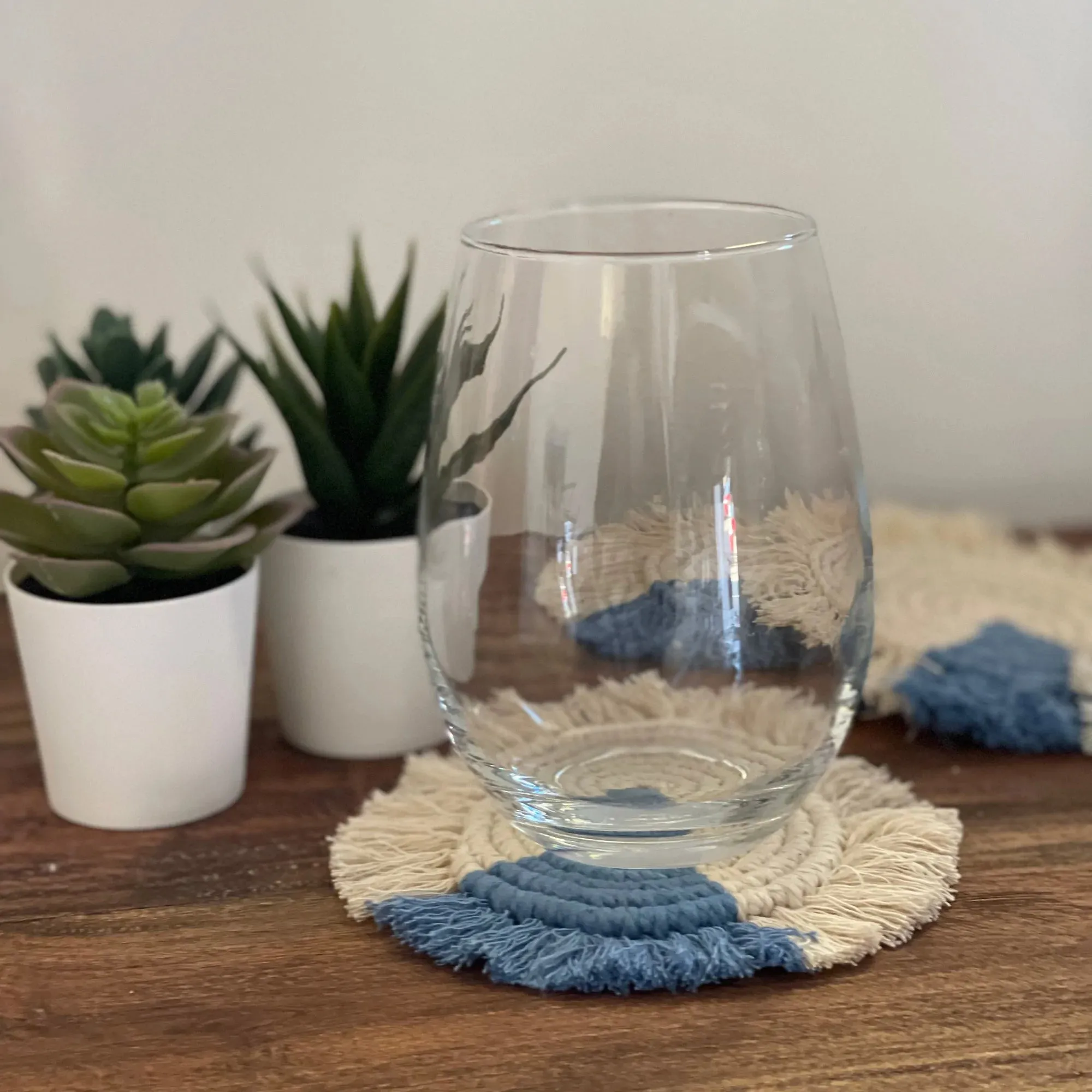 Macrame Coasters in Blues with Fringe, SET OF 4, India