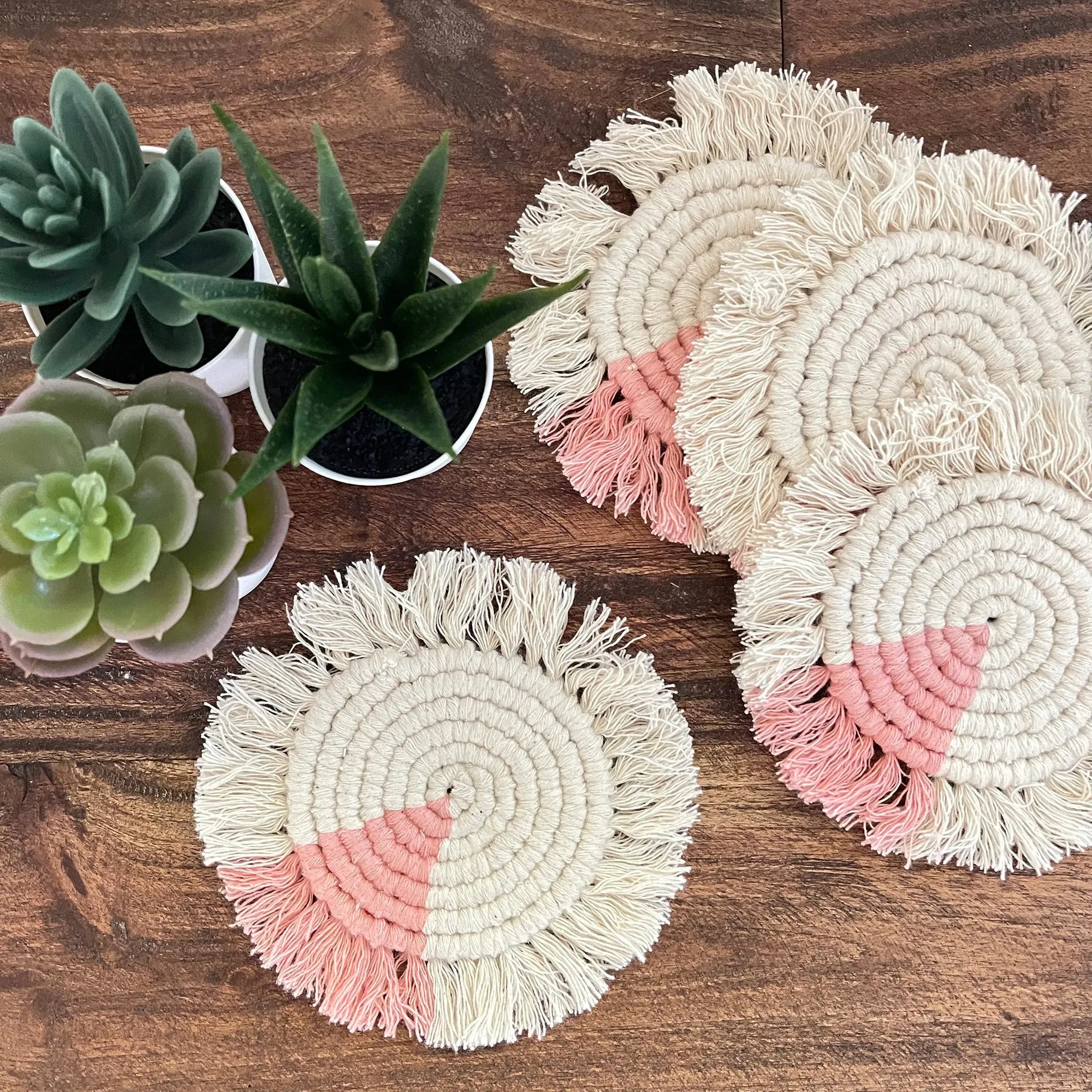 Macrame Coasters in Blush with Fringe, SET OF 4, India