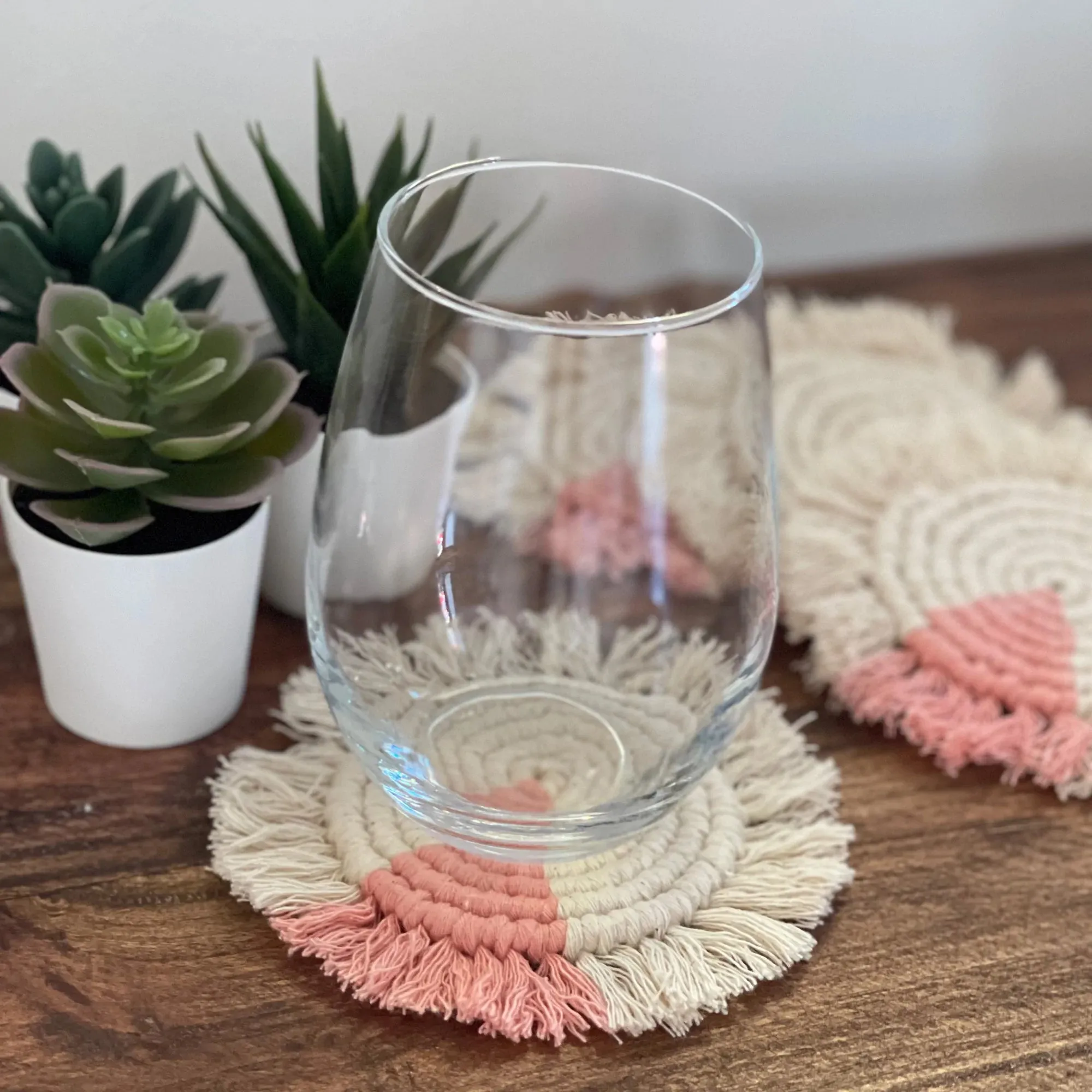 Macrame Coasters in Blush with Fringe, SET OF 4, India