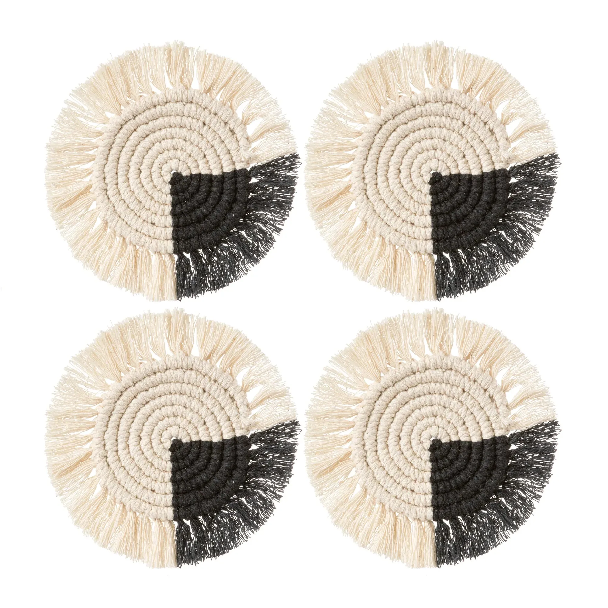 Macrame Coasters in Charcoal with Fringe, SET OF 4, India