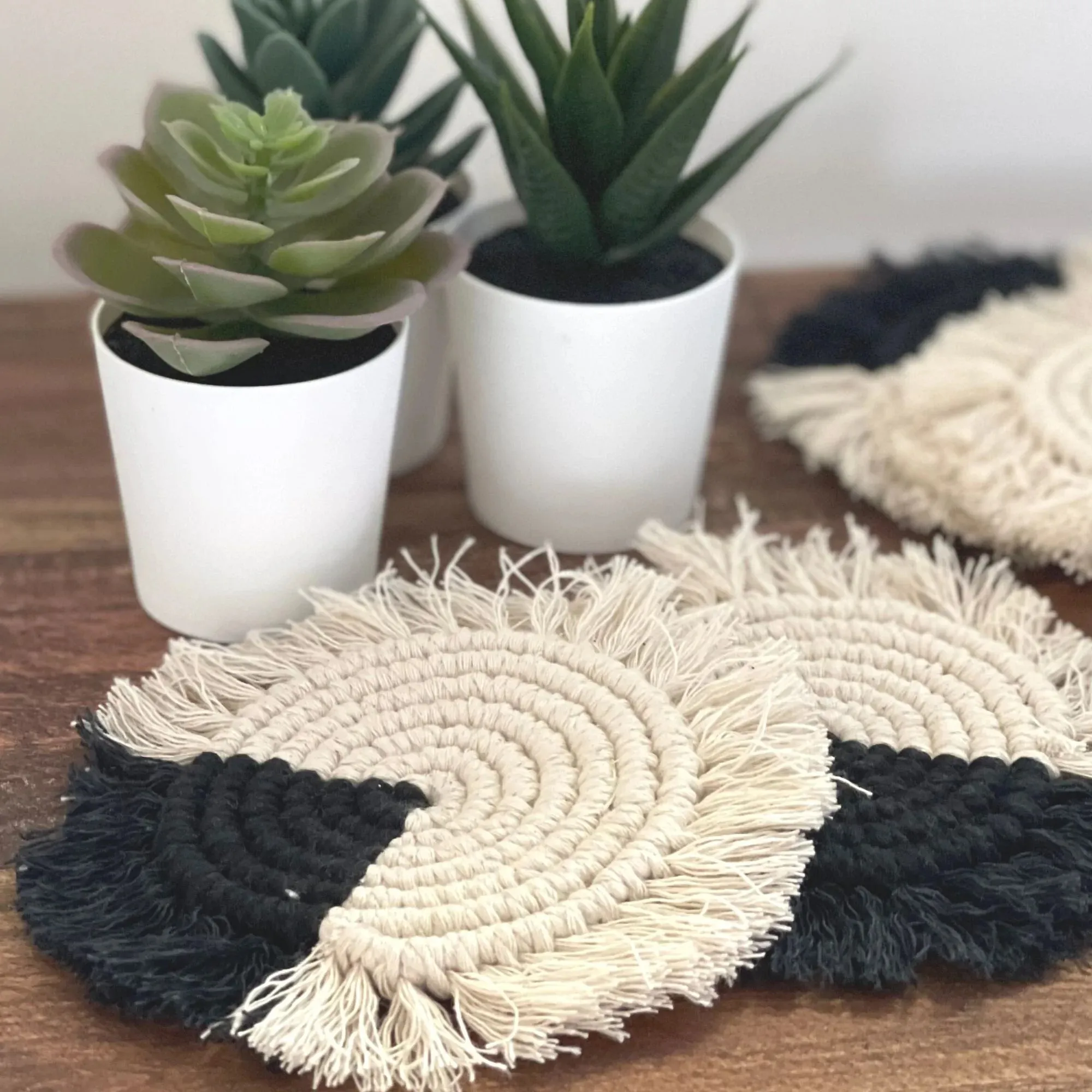 Macrame Coasters in Charcoal with Fringe, SET OF 4, India