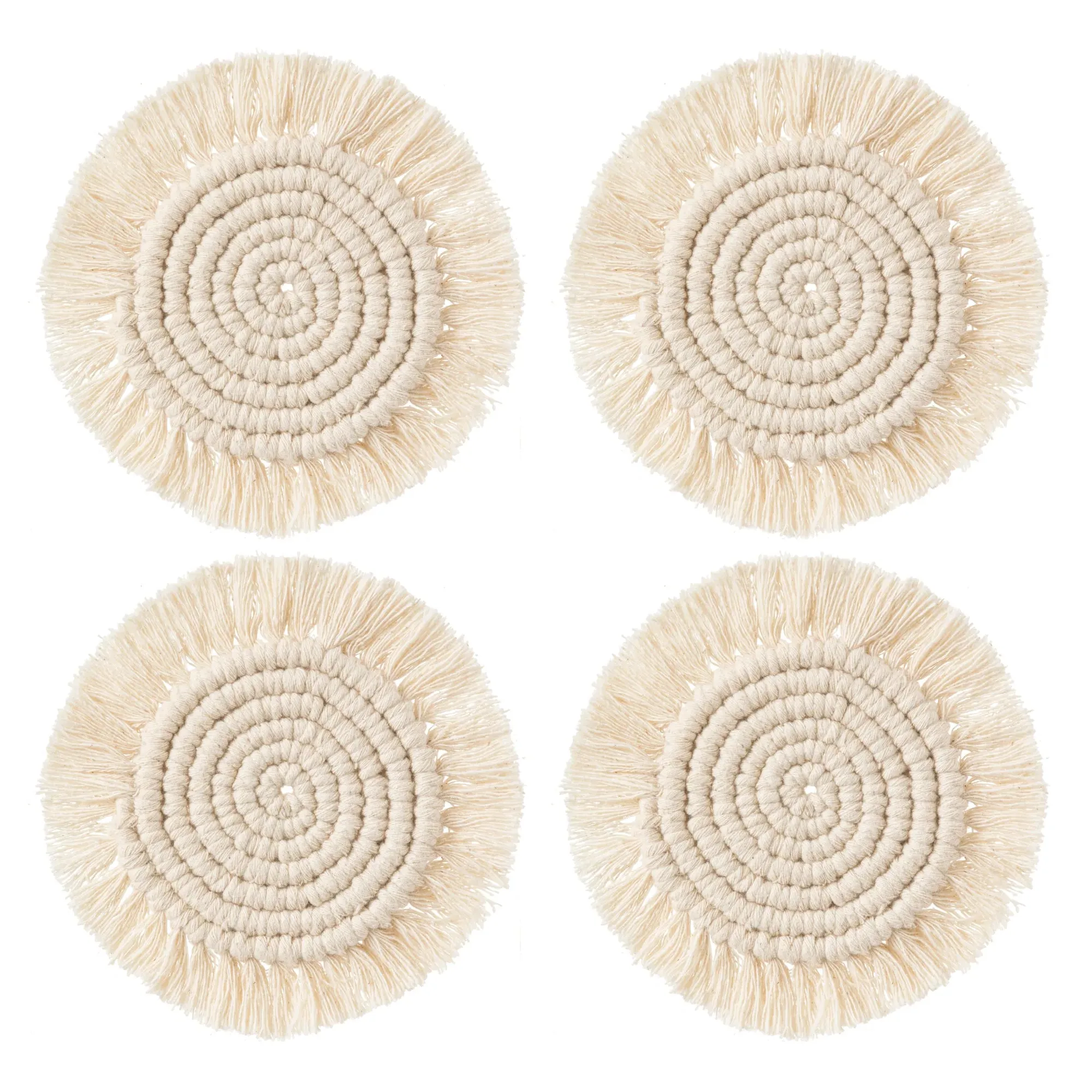 Macrame Coasters in Natural with Fringe, SET OF 4, India