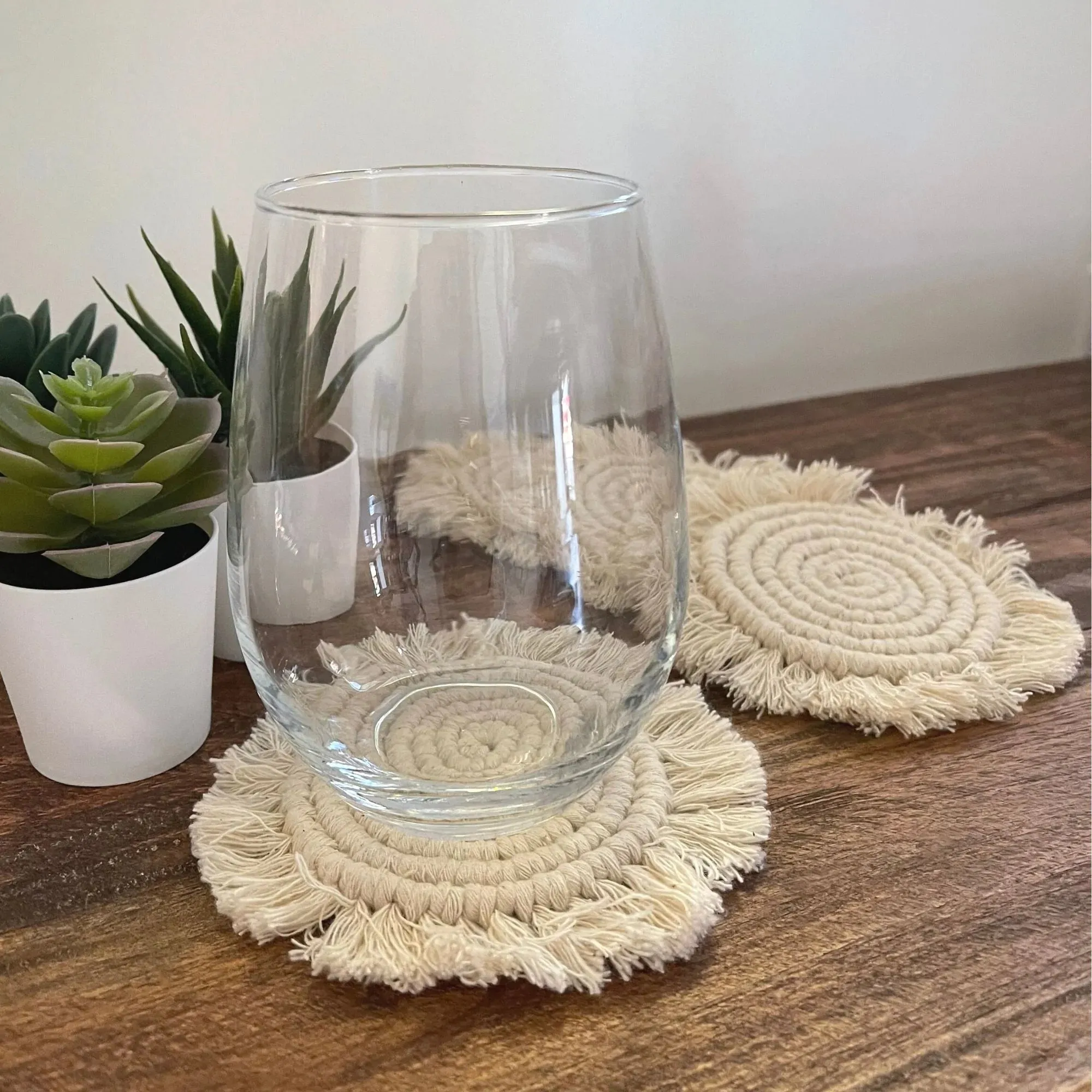 Macrame Coasters in Natural with Fringe, SET OF 4, India