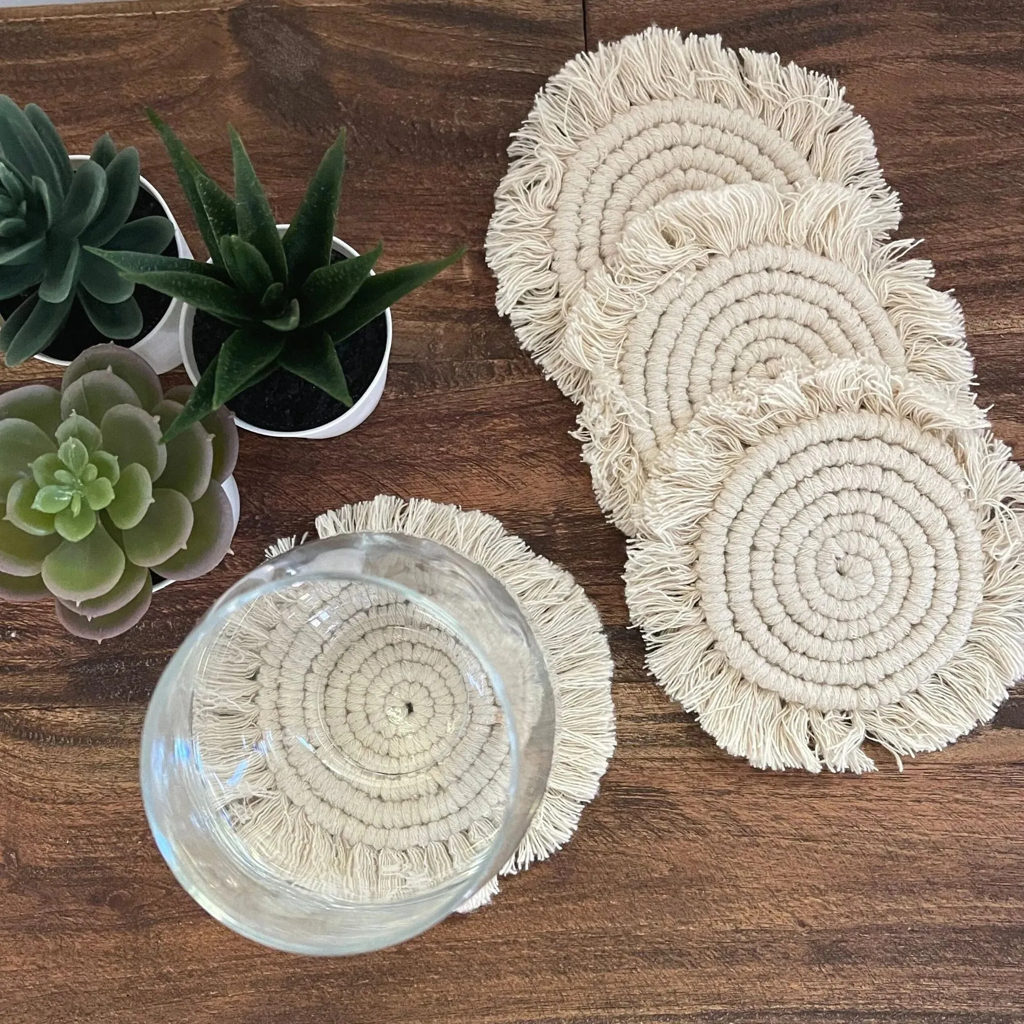 Macrame Coasters in Natural with Fringe, SET OF 4, India