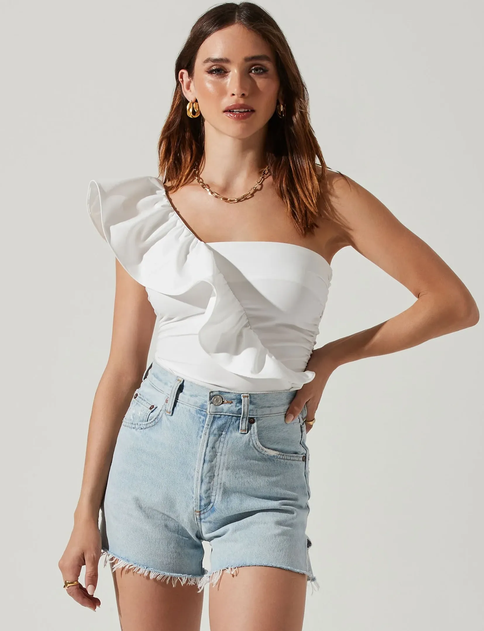 Malena One Shoulder Ruffle Bodysuit, White