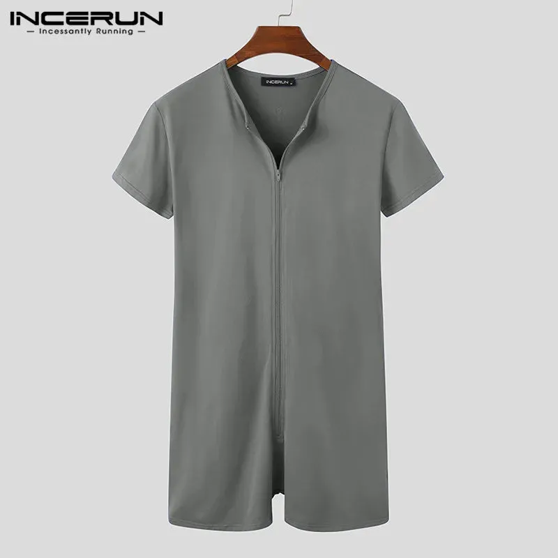 Men Pajamas Rompers Solid V Neck Zipper Fitness Short Sleeve Cozy Homewear Playsuits Leisure Men Jumpsuit Sleepwear INCERUN 7