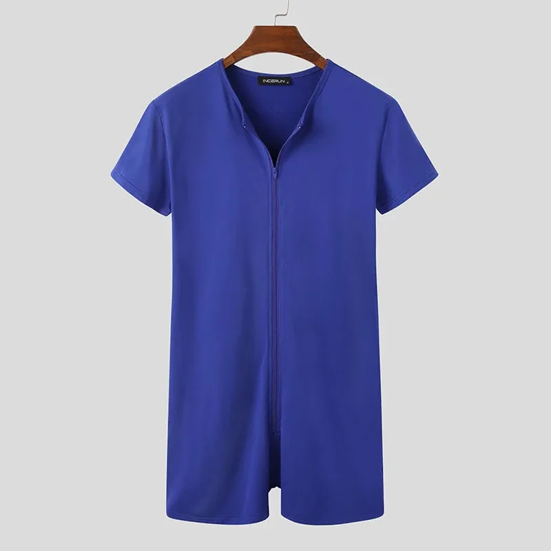 Men Pajamas Rompers Solid V Neck Zipper Fitness Short Sleeve Cozy Homewear Playsuits Leisure Men Jumpsuit Sleepwear INCERUN 7