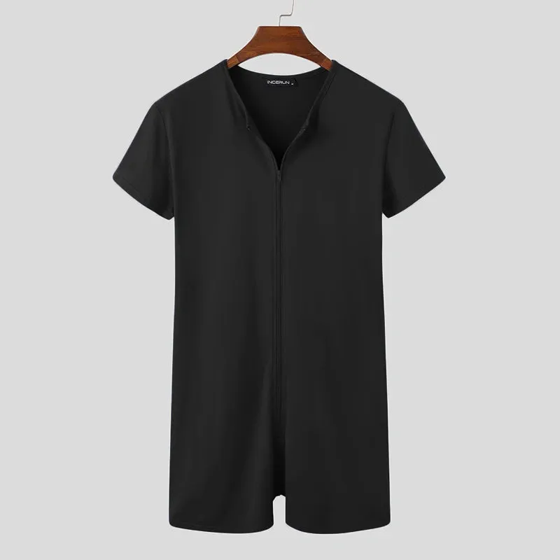 Men Pajamas Rompers Solid V Neck Zipper Fitness Short Sleeve Cozy Homewear Playsuits Leisure Men Jumpsuit Sleepwear INCERUN 7