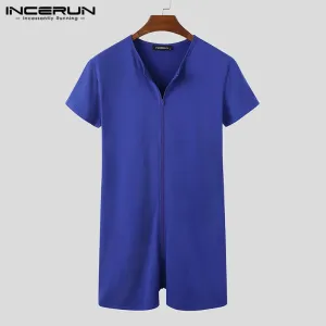 Men Pajamas Rompers Solid V Neck Zipper Fitness Short Sleeve Cozy Homewear Playsuits Leisure Men Jumpsuit Sleepwear INCERUN 7