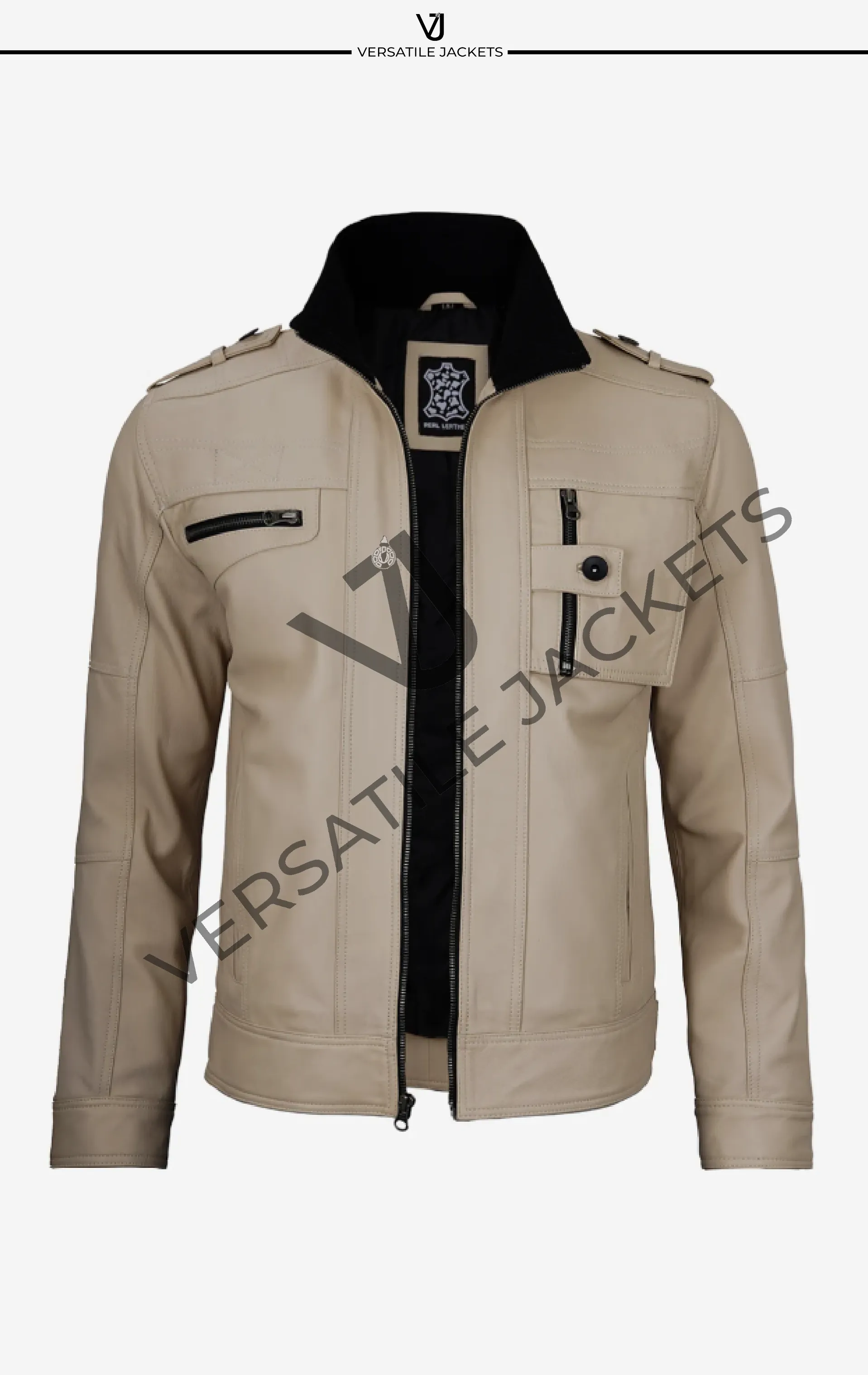 Men's Beige Biker Jacket in Genuine Lambskin Leather