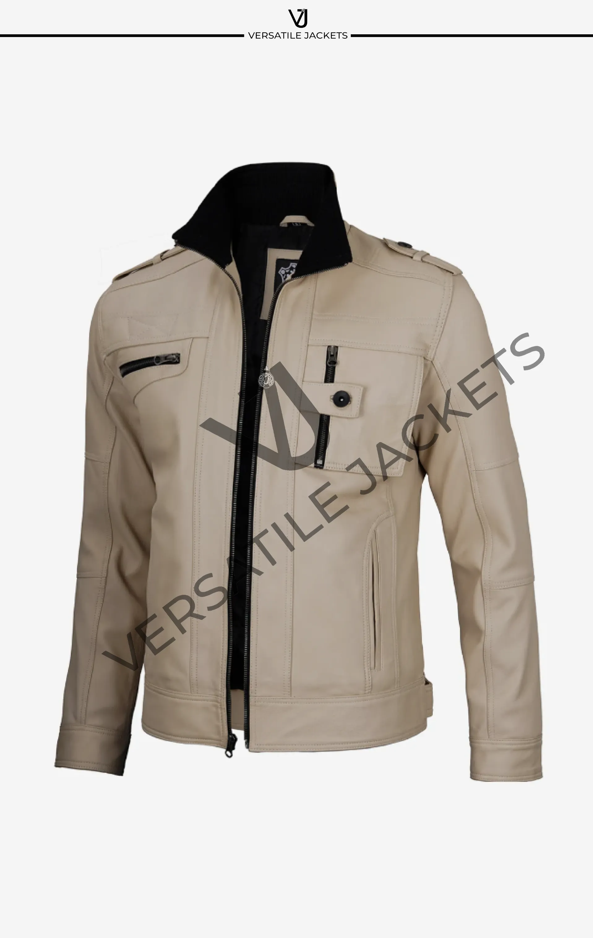 Men's Beige Biker Jacket in Genuine Lambskin Leather