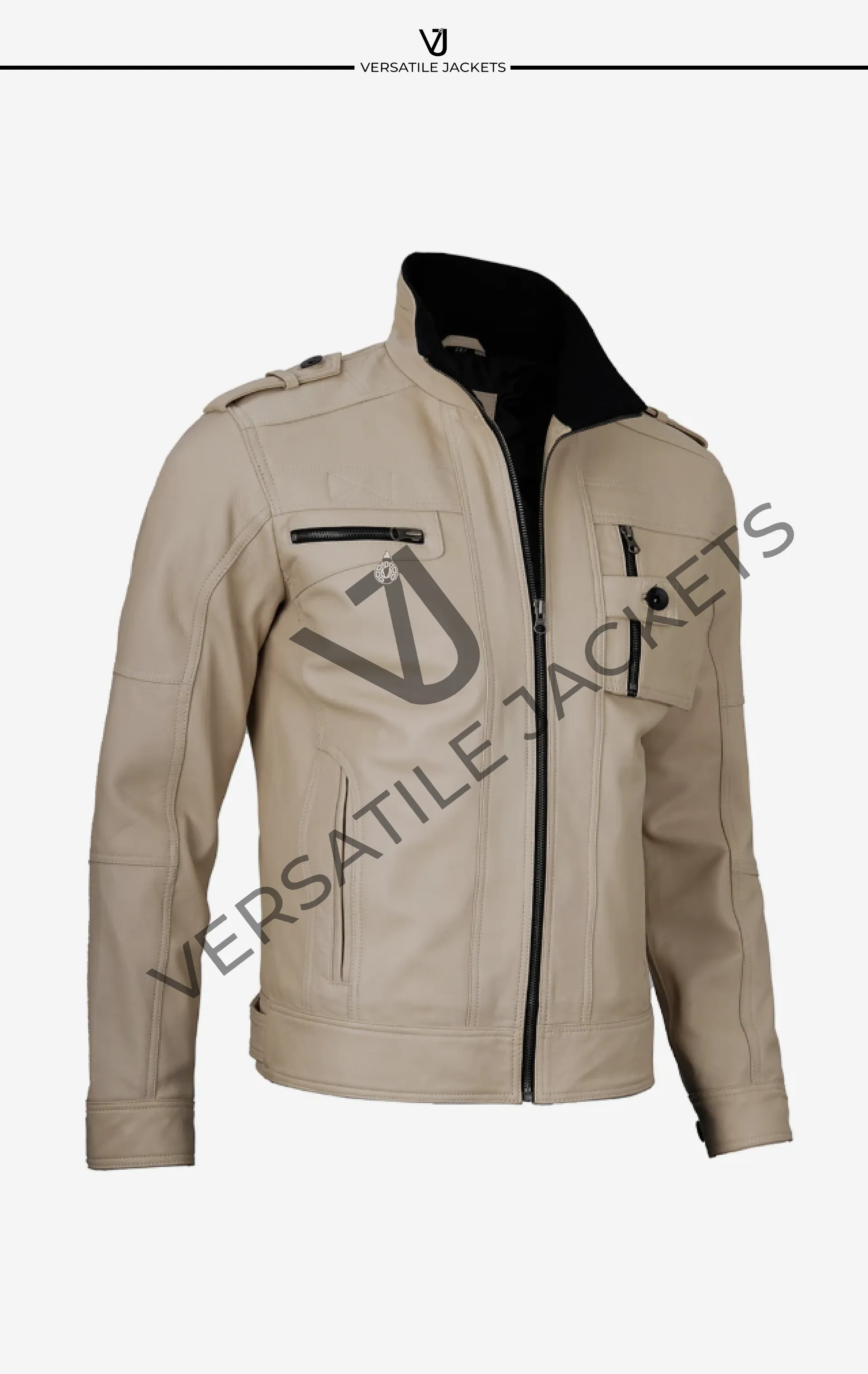 Men's Beige Biker Jacket in Genuine Lambskin Leather