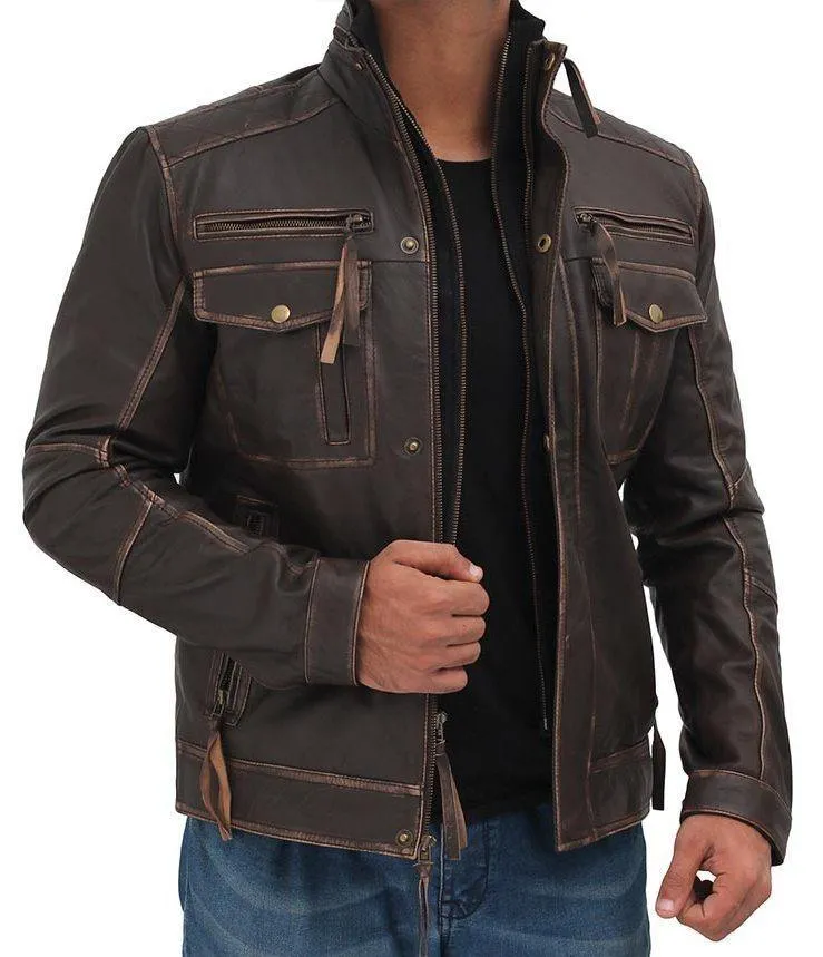 Men's Dark Brown Distressed Lambskin Leather Jacket with Six Pockets