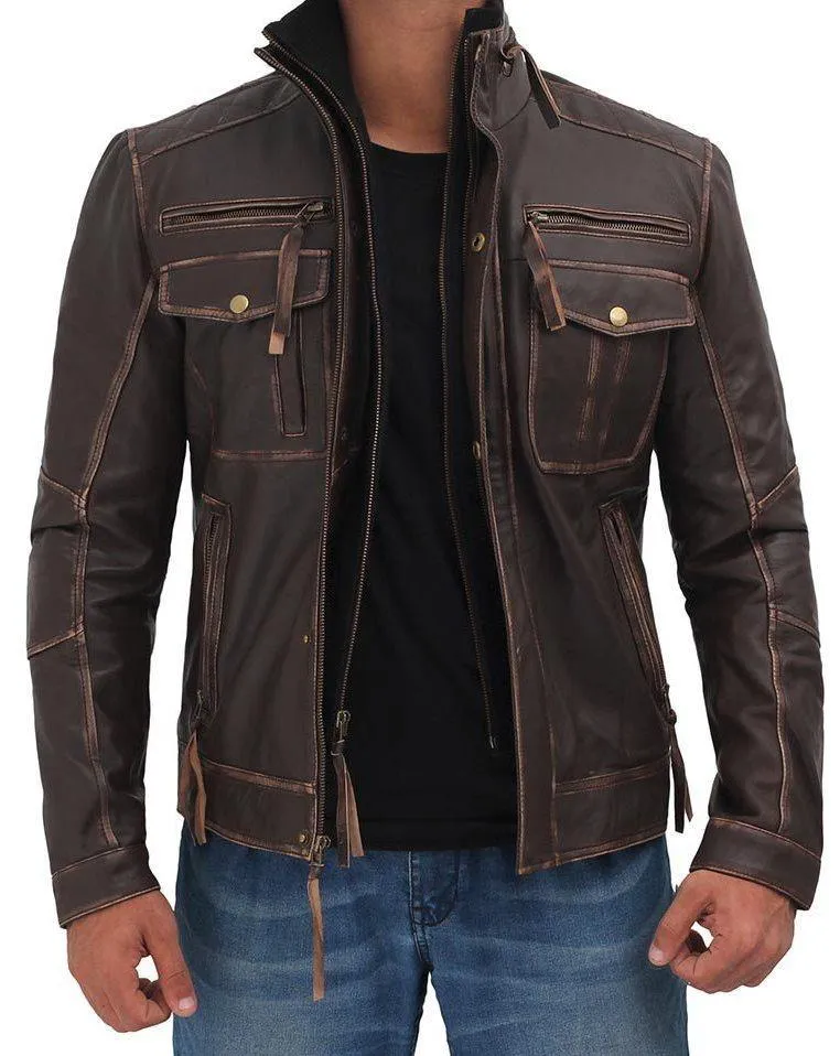 Men's Dark Brown Distressed Lambskin Leather Jacket with Six Pockets