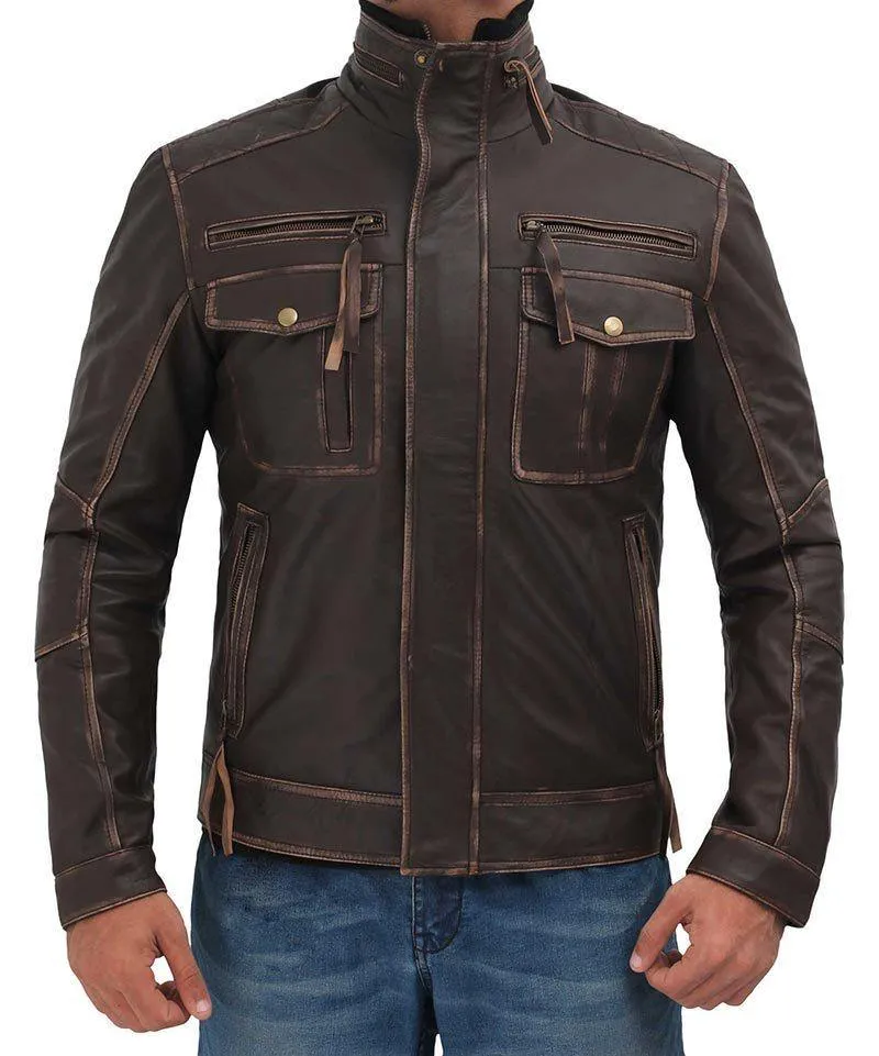 Men's Dark Brown Distressed Lambskin Leather Jacket with Six Pockets