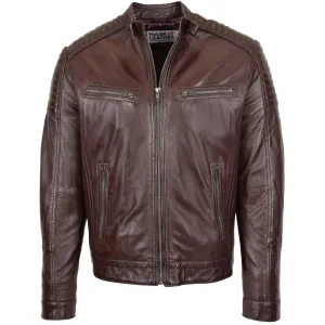 Mens Leather Cafe Racer Biker Jacket Ron Brown