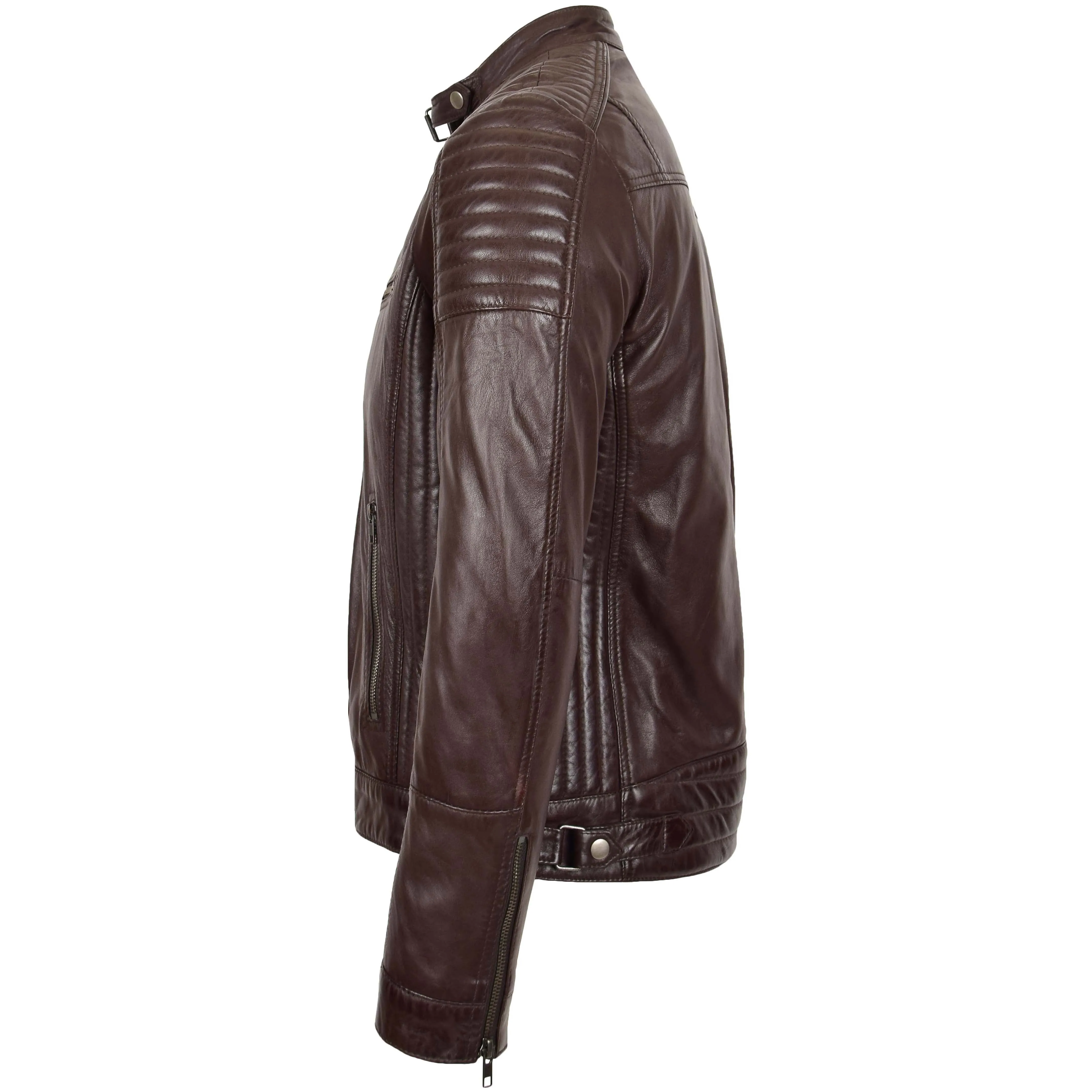 Mens Leather Cafe Racer Biker Jacket Ron Brown