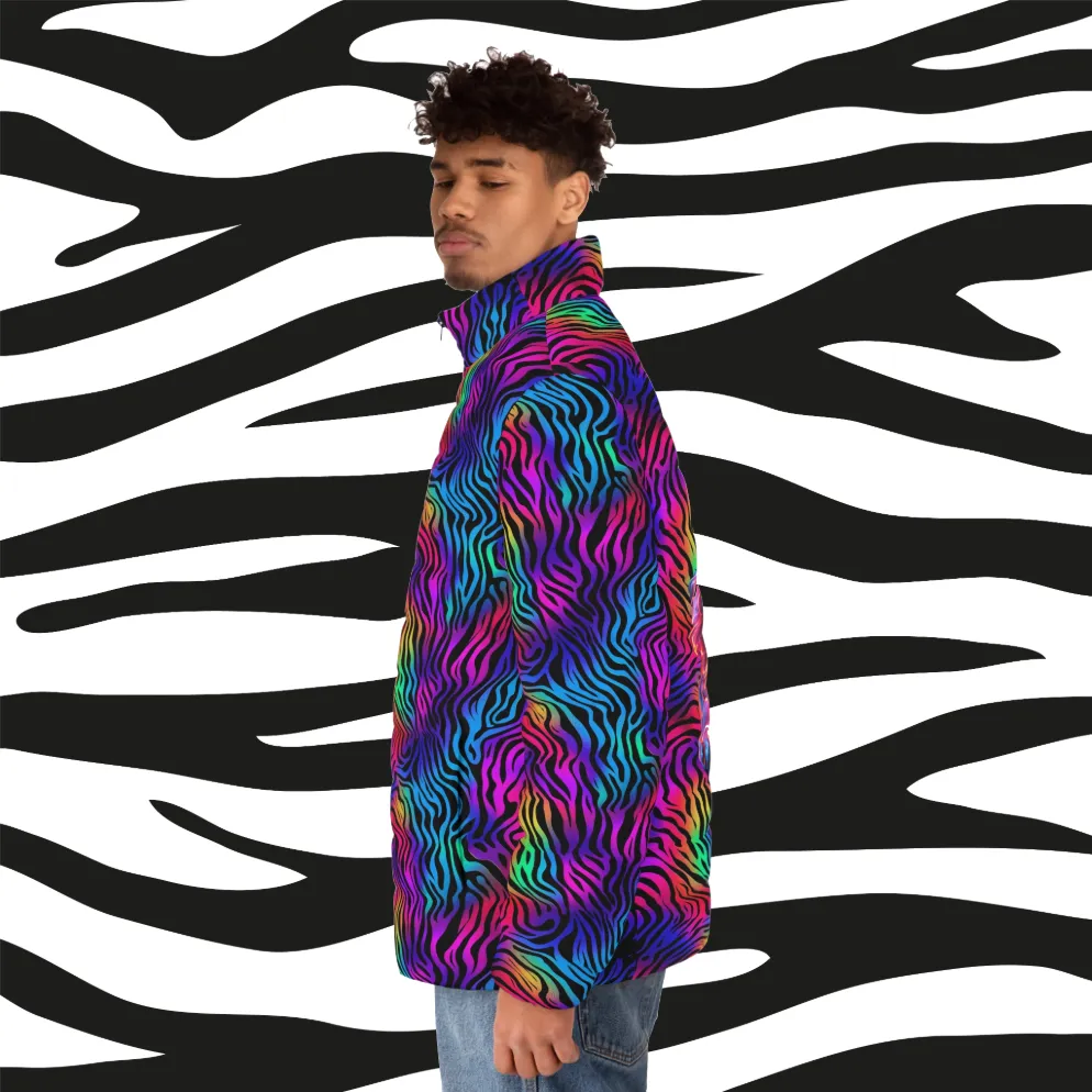 Men's "Neon Hunter" Puffer Jacket (AOP). Puffer Jacket, Spring, Mens Clothes, Warm Jacket, Lightweight, Tiger Graphic Design