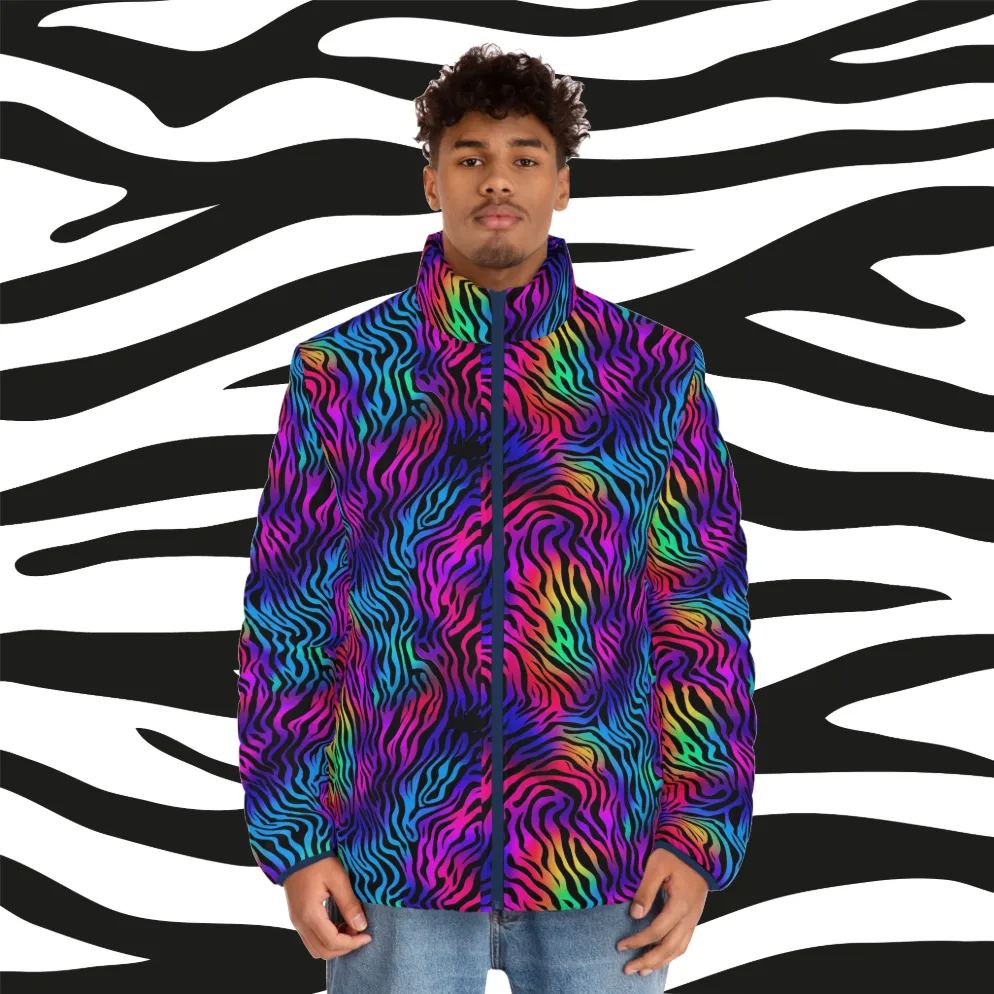 Men's "Neon Hunter" Puffer Jacket (AOP). Puffer Jacket, Spring, Mens Clothes, Warm Jacket, Lightweight, Tiger Graphic Design