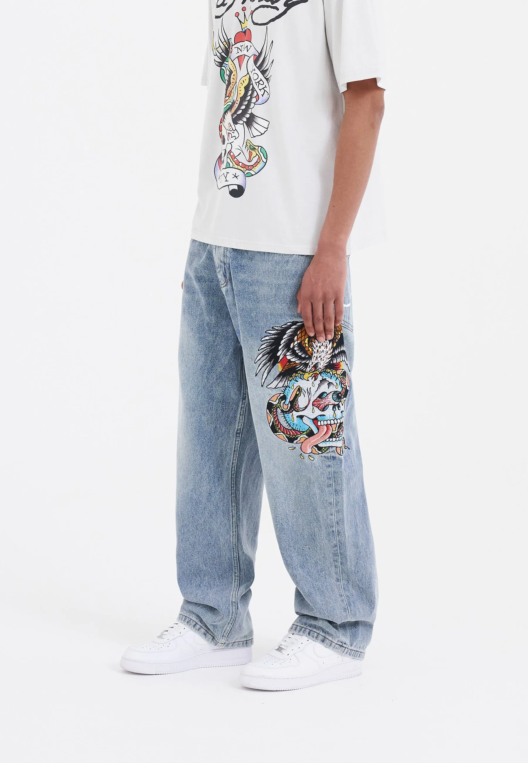 Mens Skull-Snake-Eagle Tattoo Graphic Denim Trousers Baggy Jeans - Bleach