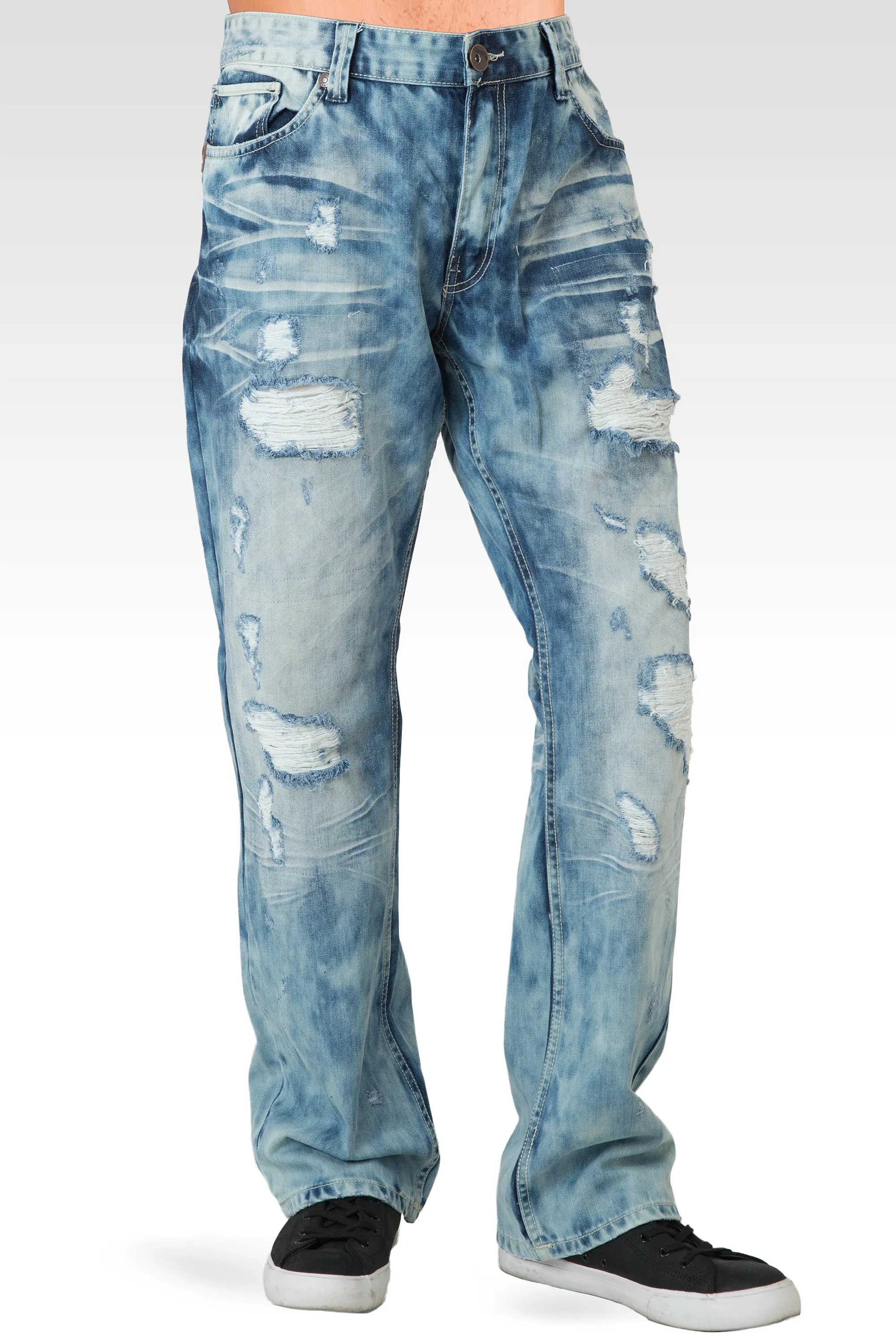 Mens Slim Straight Bleach Washed Distressed Premium Denim Jeans