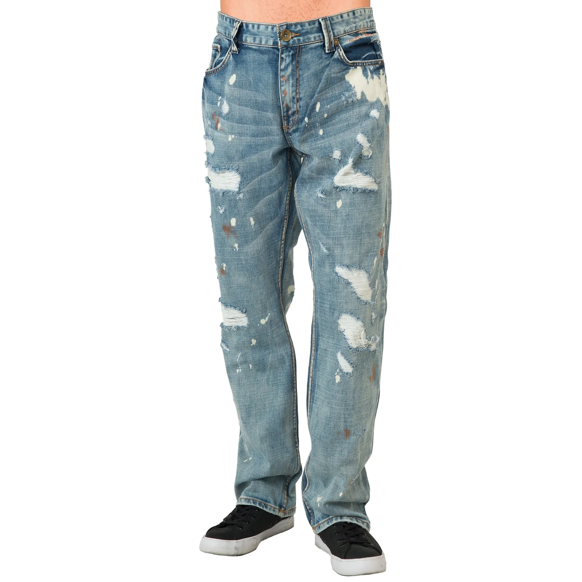 Mens Slim Straight Premium Bleach Washed Distressed Paint Splatter Jeans