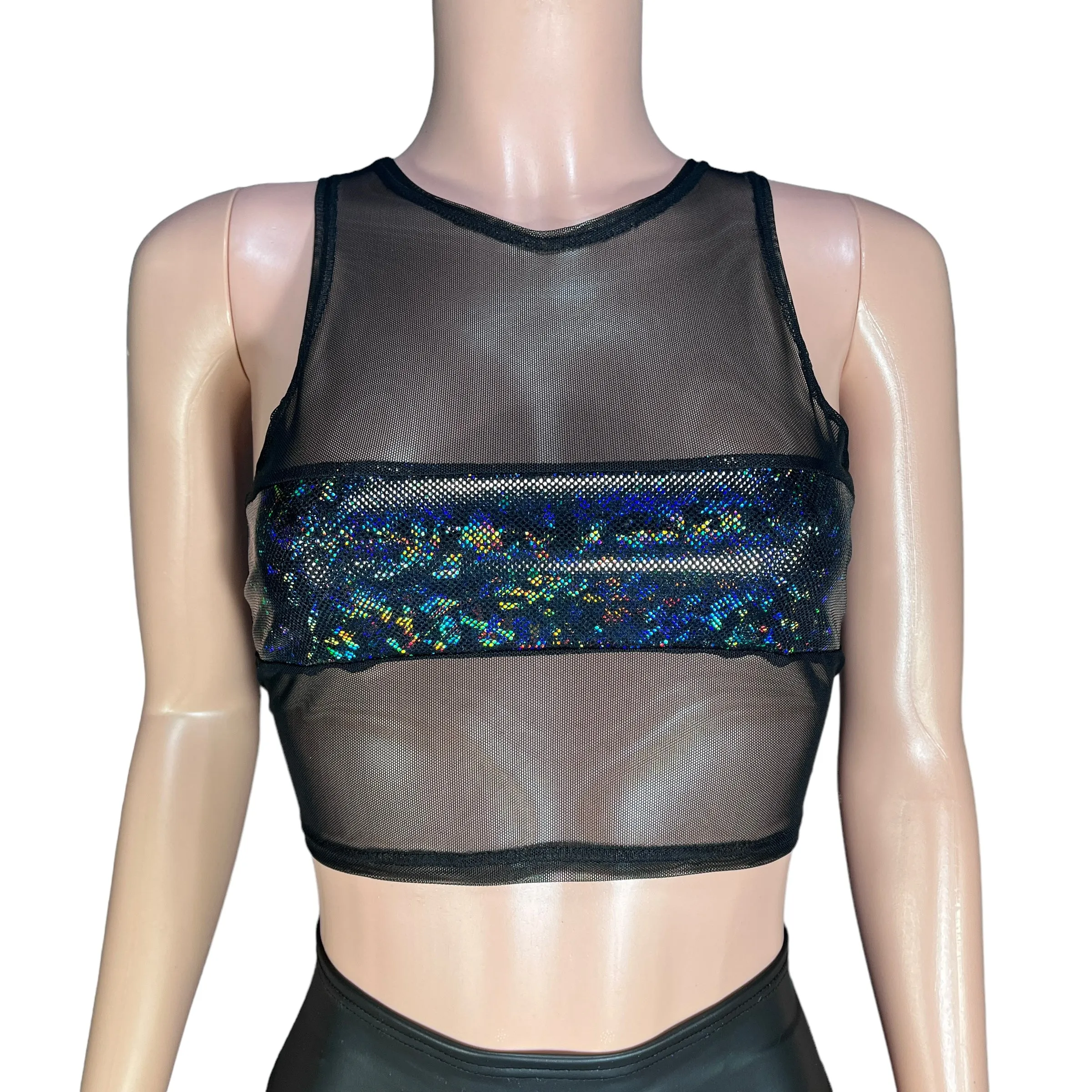 Mesh Censor Crop Tank - Black Mesh w/ Black Shattered Glass Holographic