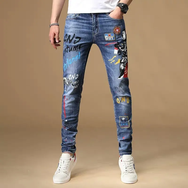 Mixed Embroidery Men Painted Slim Fit Jeans