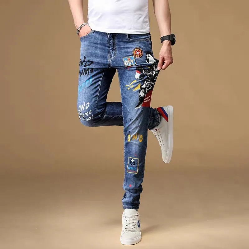 Mixed Embroidery Men Painted Slim Fit Jeans