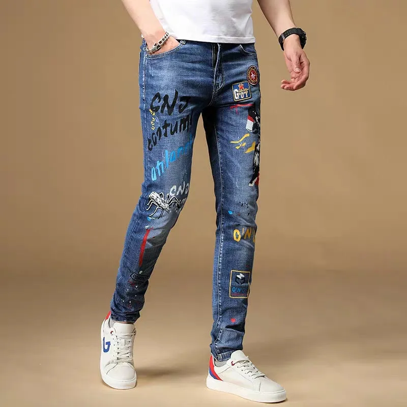 Mixed Embroidery Men Painted Slim Fit Jeans