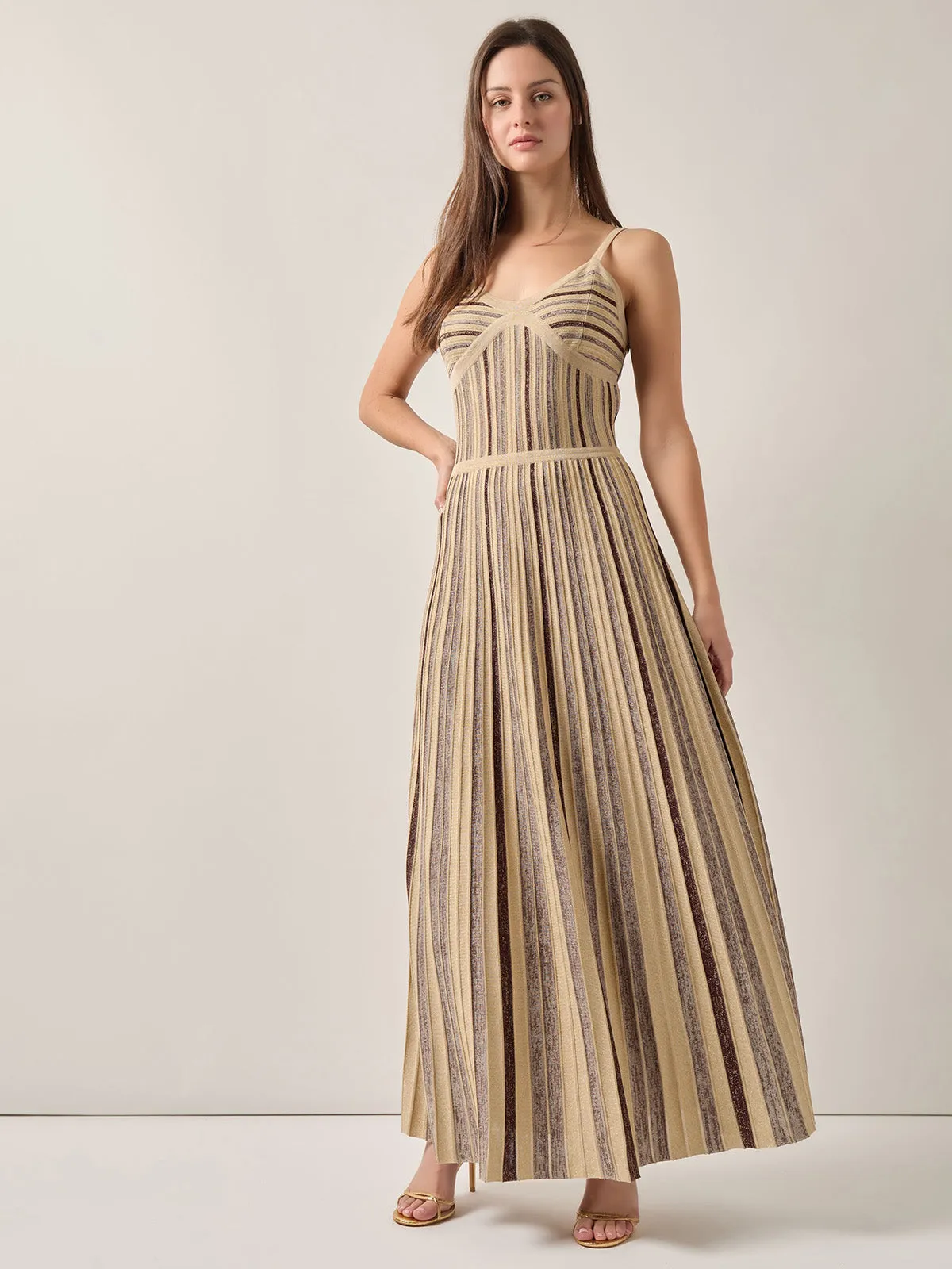 Modern Fit-and-Flare Lurex Striped Knit Maxi Dress