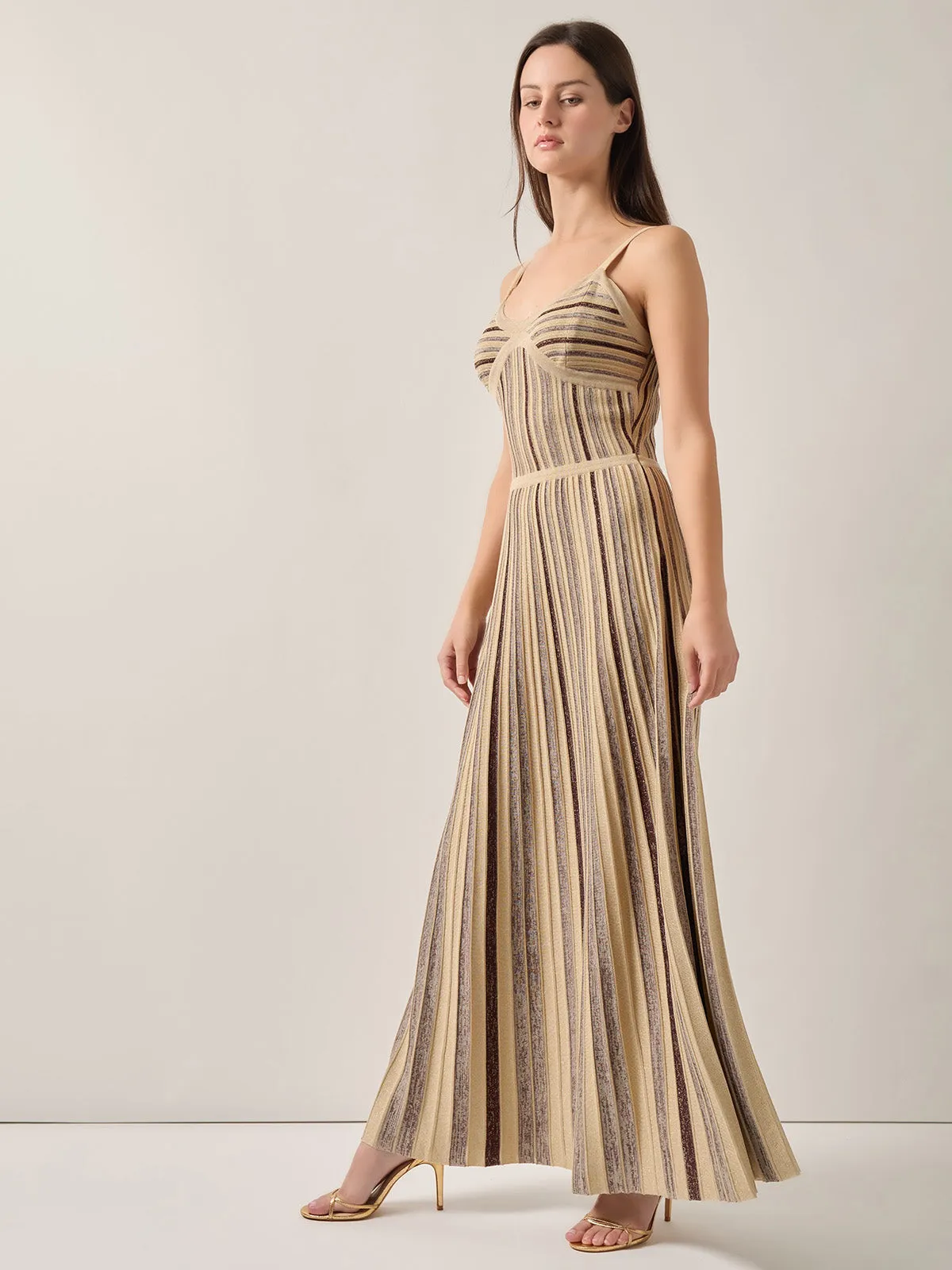 Modern Fit-and-Flare Lurex Striped Knit Maxi Dress