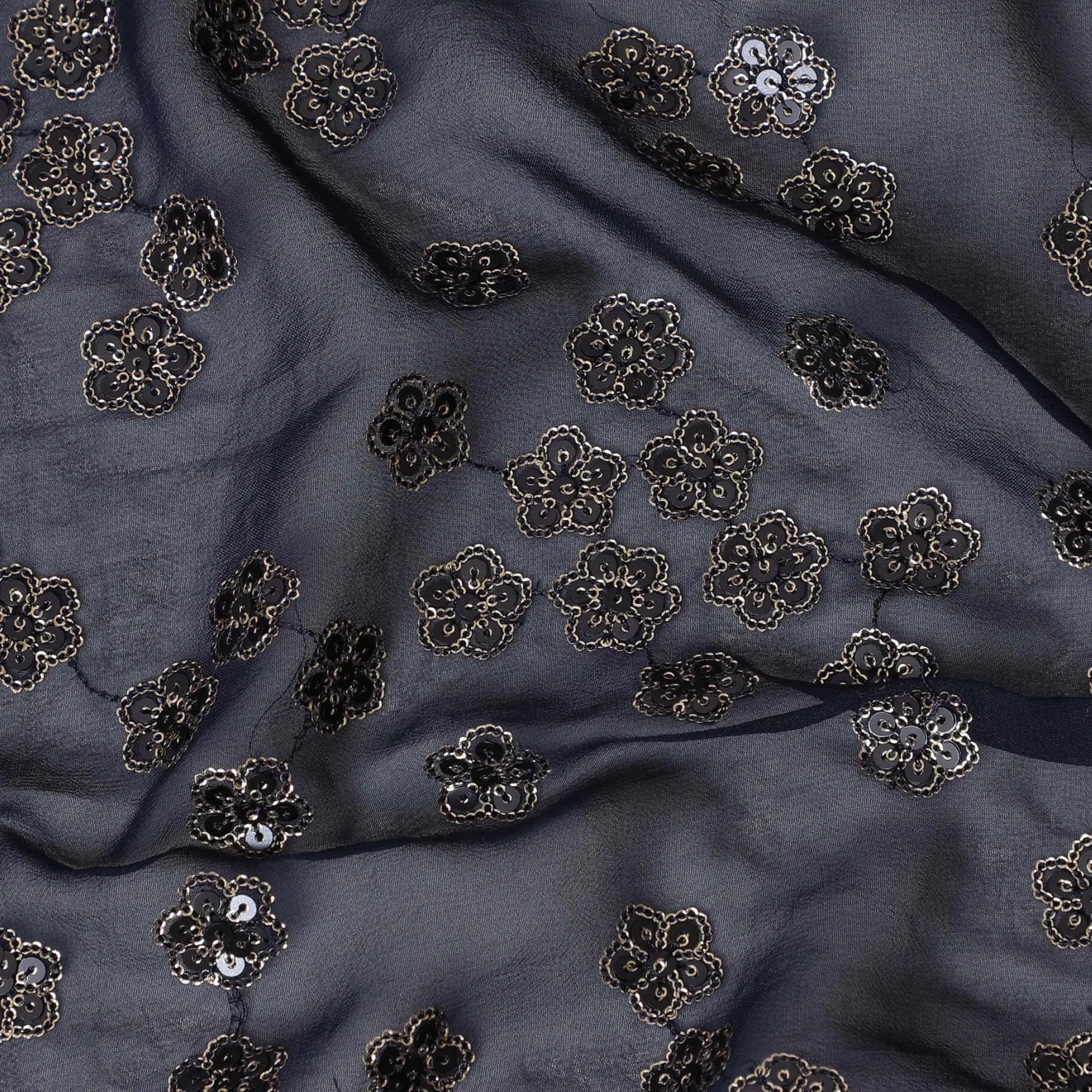 Navy blue synthetic georgette fabric with gold and black sequins in floral design-D15816