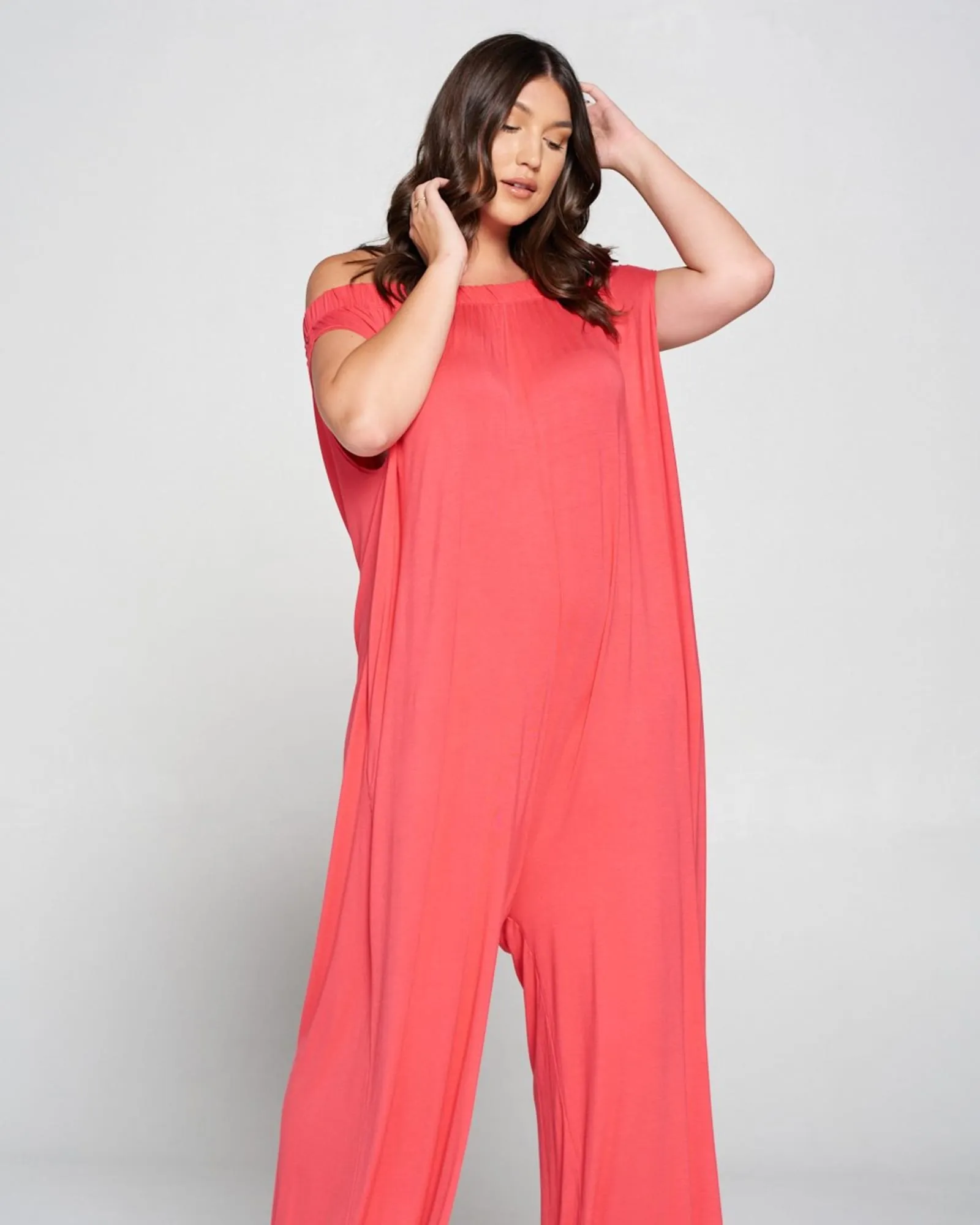 Off Shoulder Full Length Jumpsuit | Coral